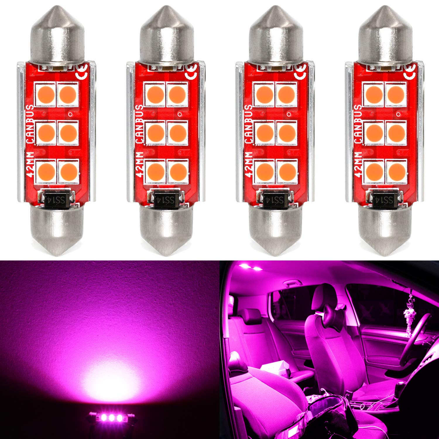 PHINLION 578 LED Bulb 3030 6-SMD Festoon 41mm, Purple, 4 Pack for Car Interior Lighting