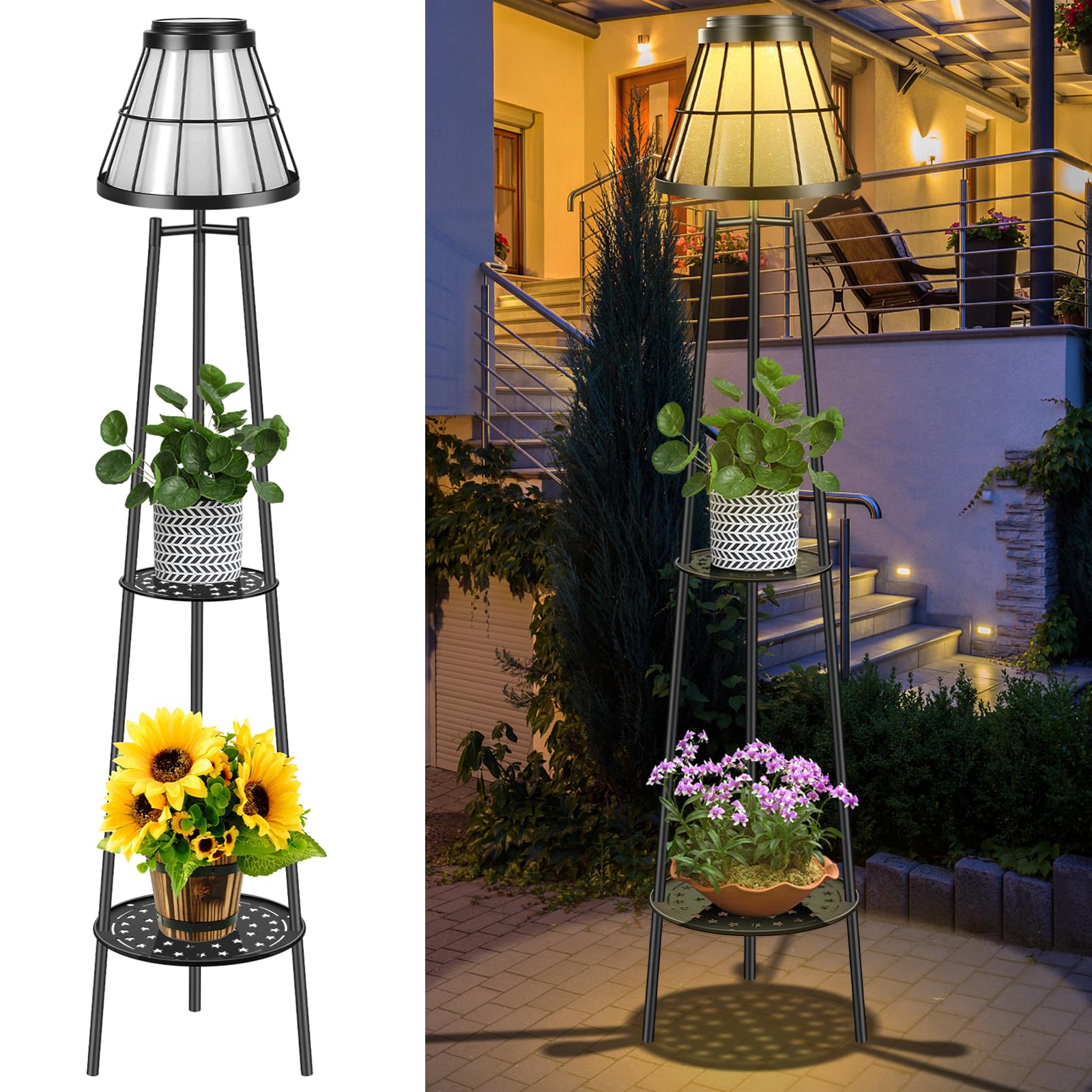 45.4'' Metal Outdoor Solar Floor Lamps 2 Pack, Waterproof Solar Lantern Lights With 2 Plant Stand, Solar Lights Plant Stand For Patio Deck Yard Pathway Porch Garden- Black