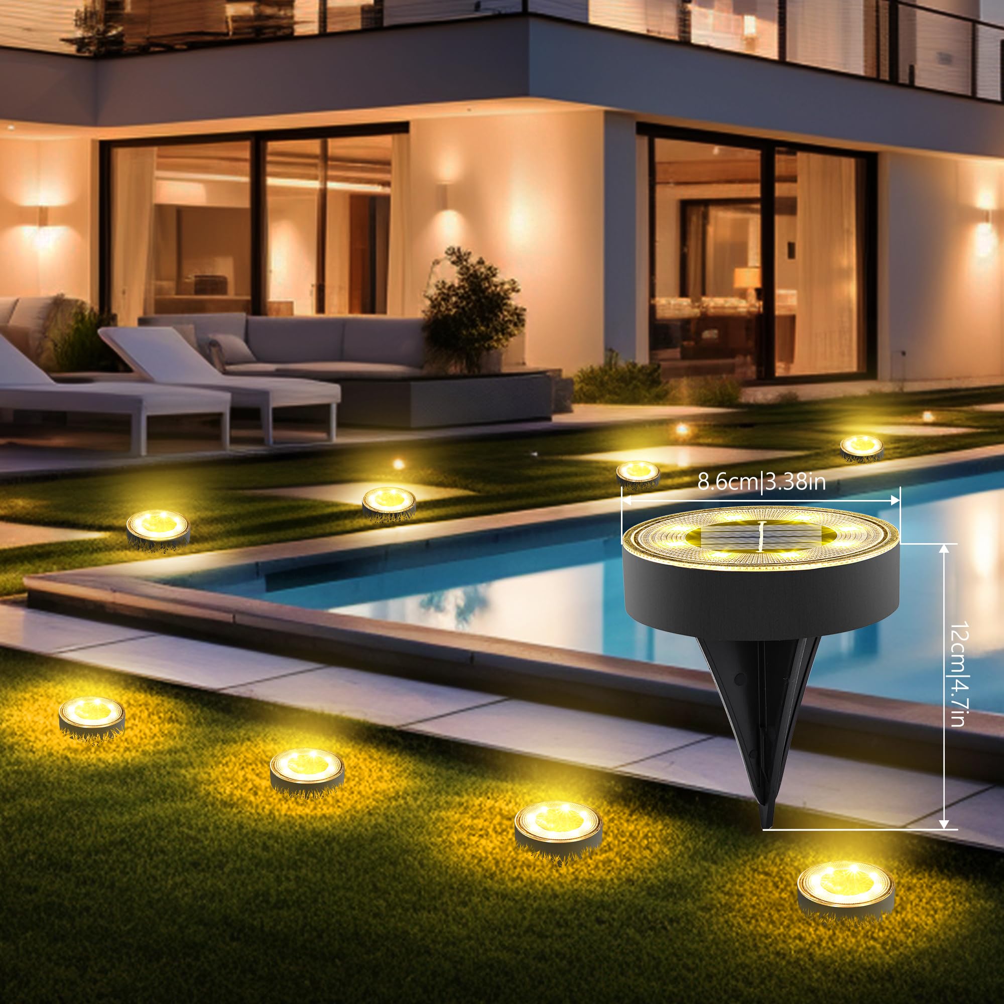 Joomer Solar Ground Lights, 12 Pack, Waterproof IP68, 8 LED Disc Light for Garden, Warm White