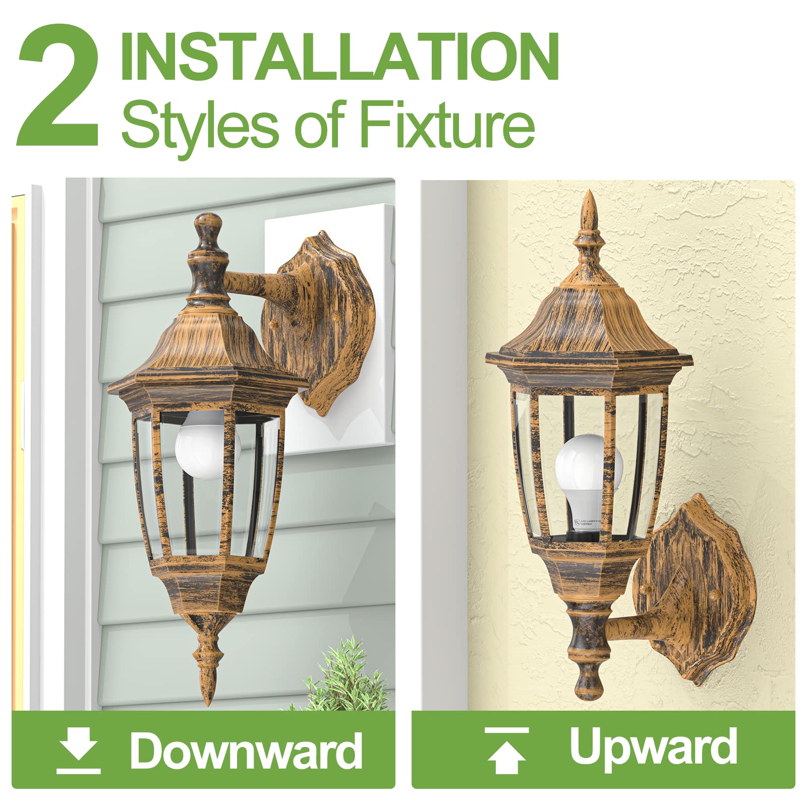 EMART Outdoor Porch Light - Waterproof Wall Mount Lantern, Brushed Gold, Plastic, Model EM-GGL-2, Bulb Included