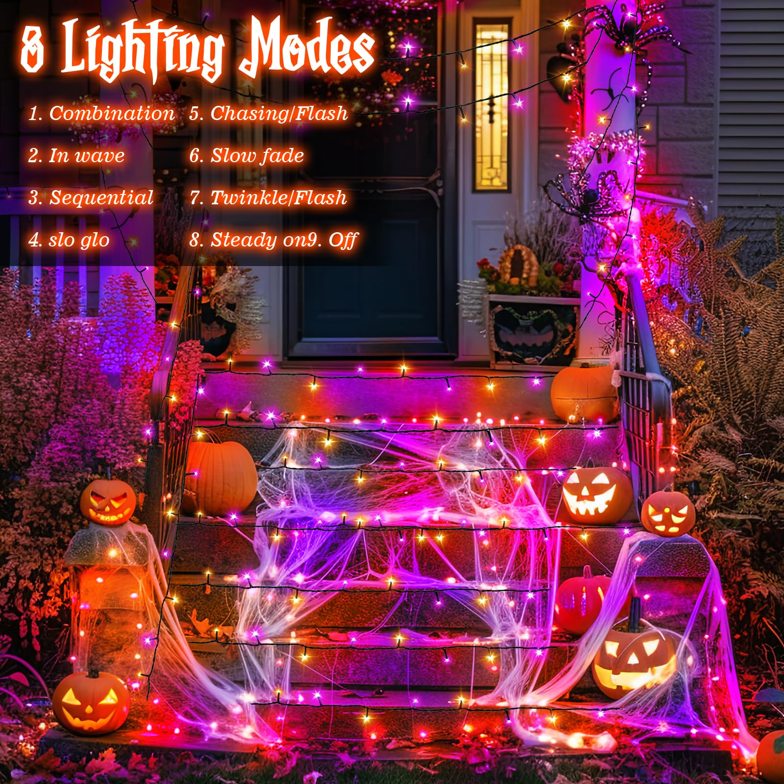 Ffzzkj 8 Modes Halloween String Lights Total 100Led Battery Operated Halloween Lights Outdoor With Timer 16.4Ft*2, 50Led*2 Waterproof Fairy Lights Indoor For Halloween Decor, Orange&Purple, 2-Pack
