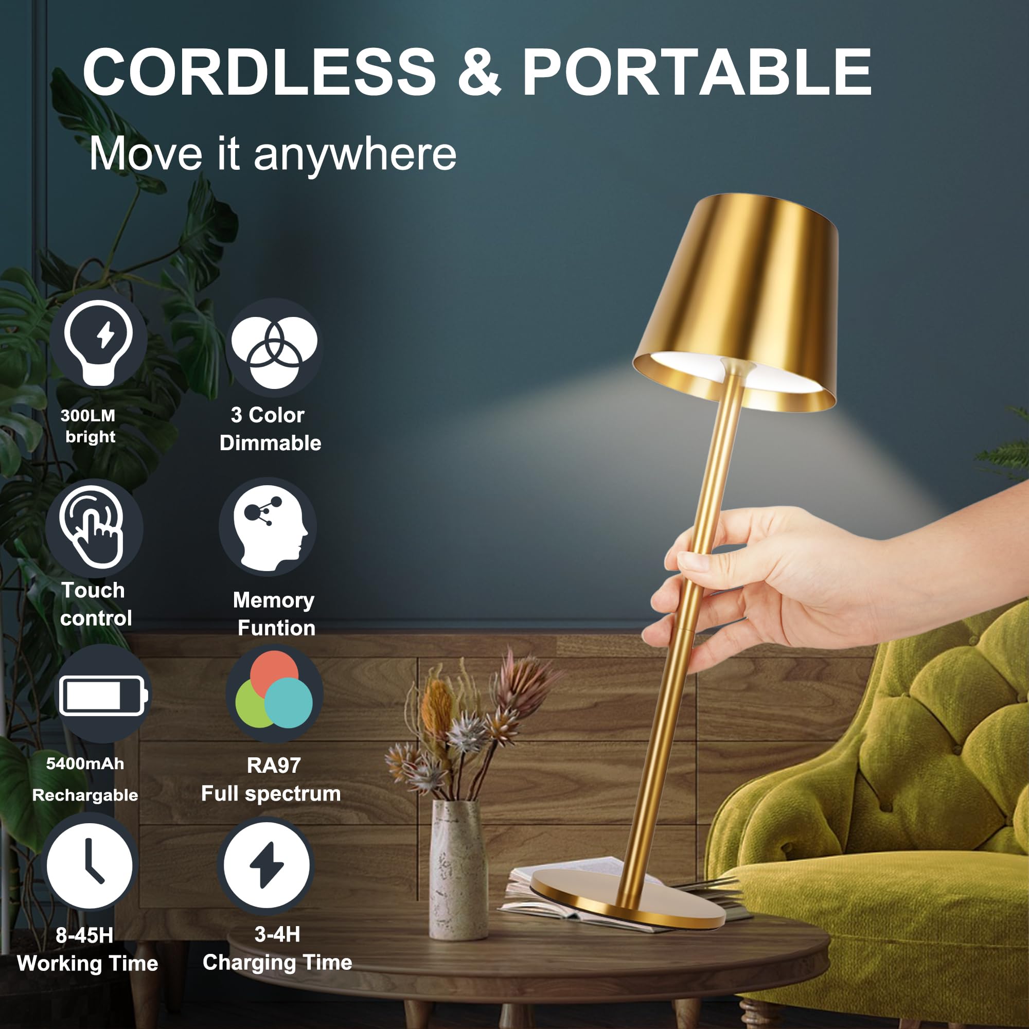 Seyxicnor 2 Pack Gold Cordless Table Lamp Rechargeable, 5400Mah Battery Metal Table Light With 3 Adjustable Heights, 3 Color Ste