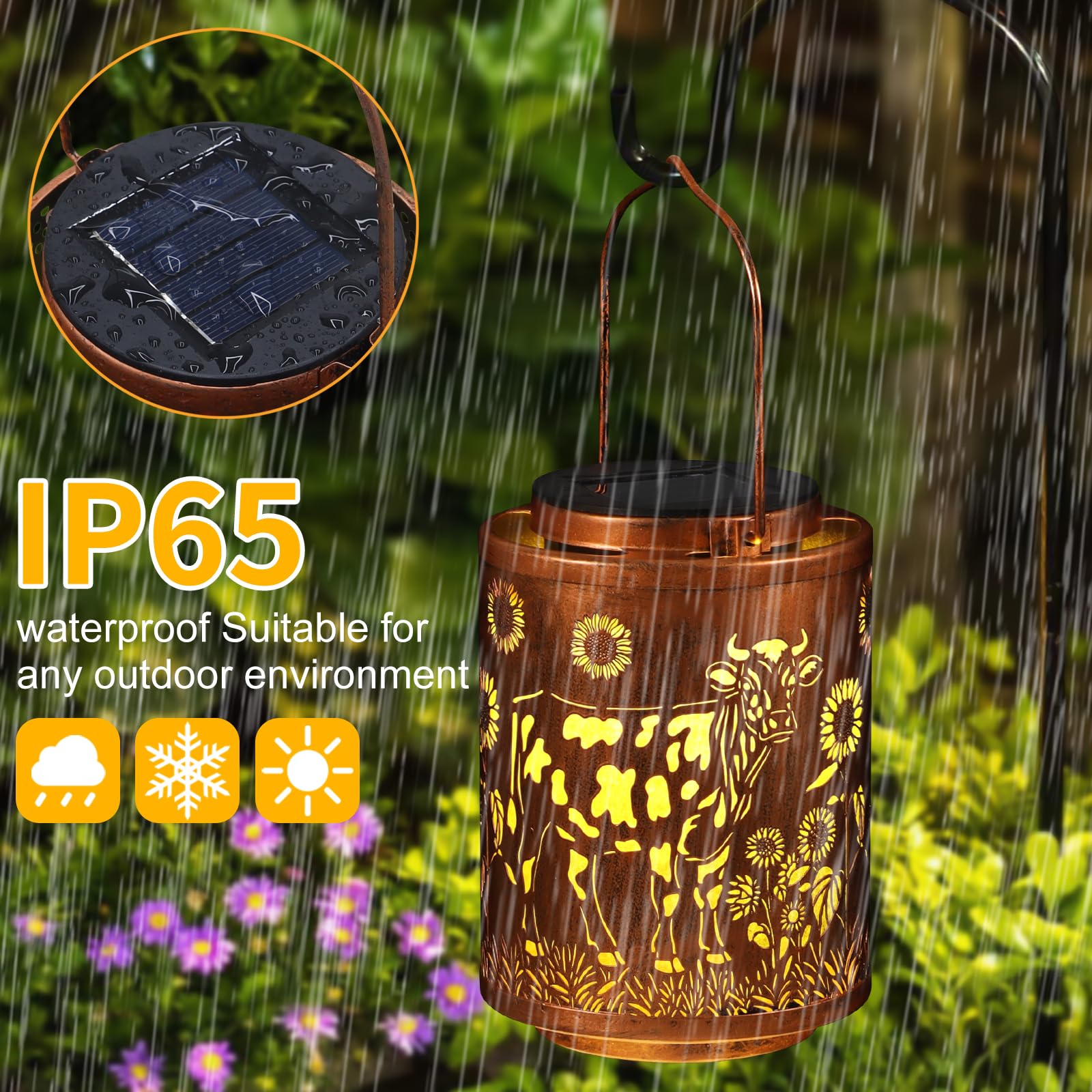 Tepaken Solar Lantern Garden Decor LED Hanging Light Metal Waterproof Cow Hummingbird-1 Gold