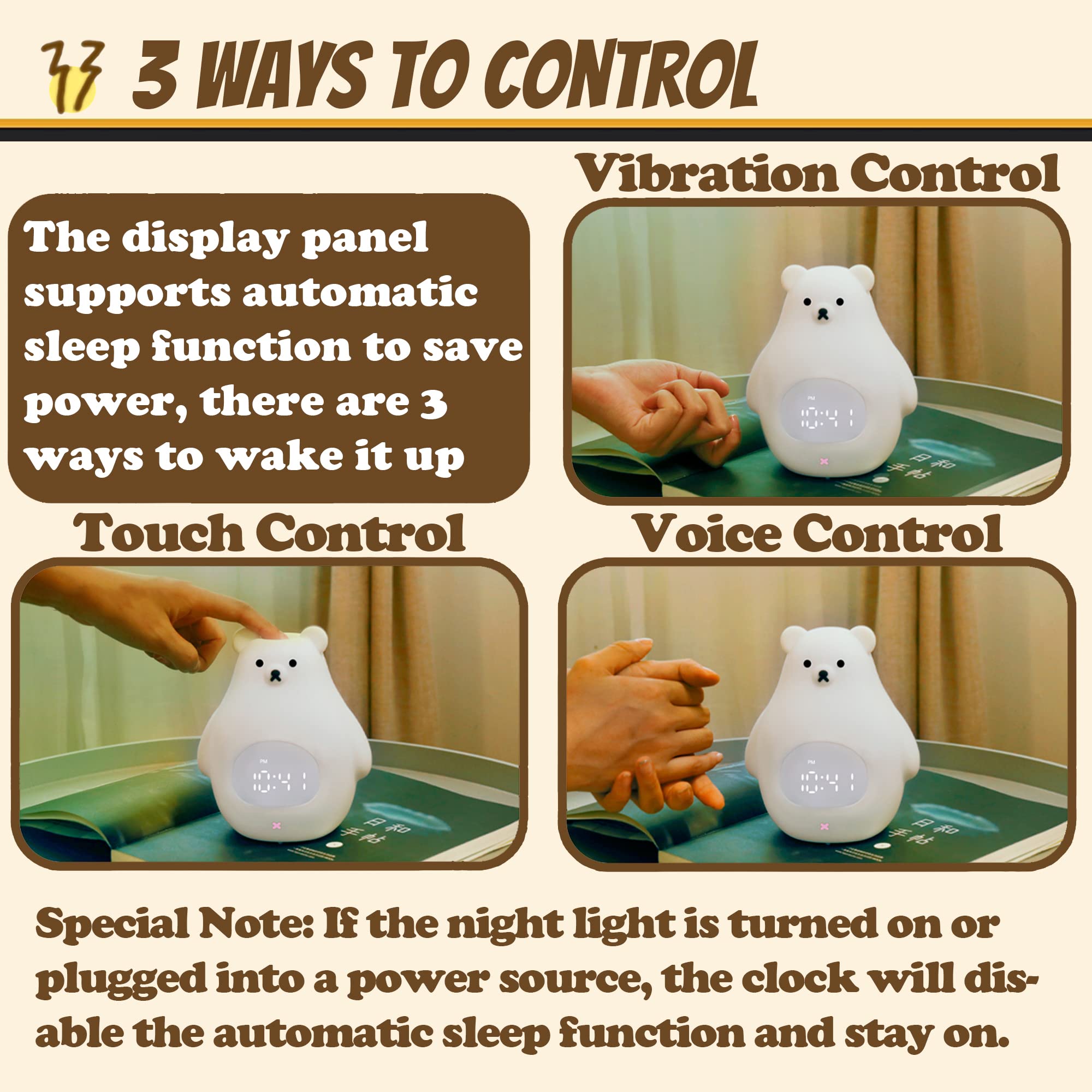 JROSING Bear Night Light, Cute Kids Alarm Clock, Soft BPA-Free Silicone Portable Nursery Lamp, Children USB Rechargeable Nightli