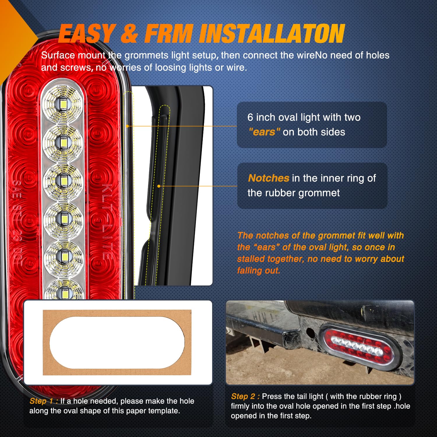 Nilight 2PCS 6 Oval LED Trailer Tail Lights Red/White - Waterproof IP67 Stop Brake Running Reverse Lights for Trucks RV