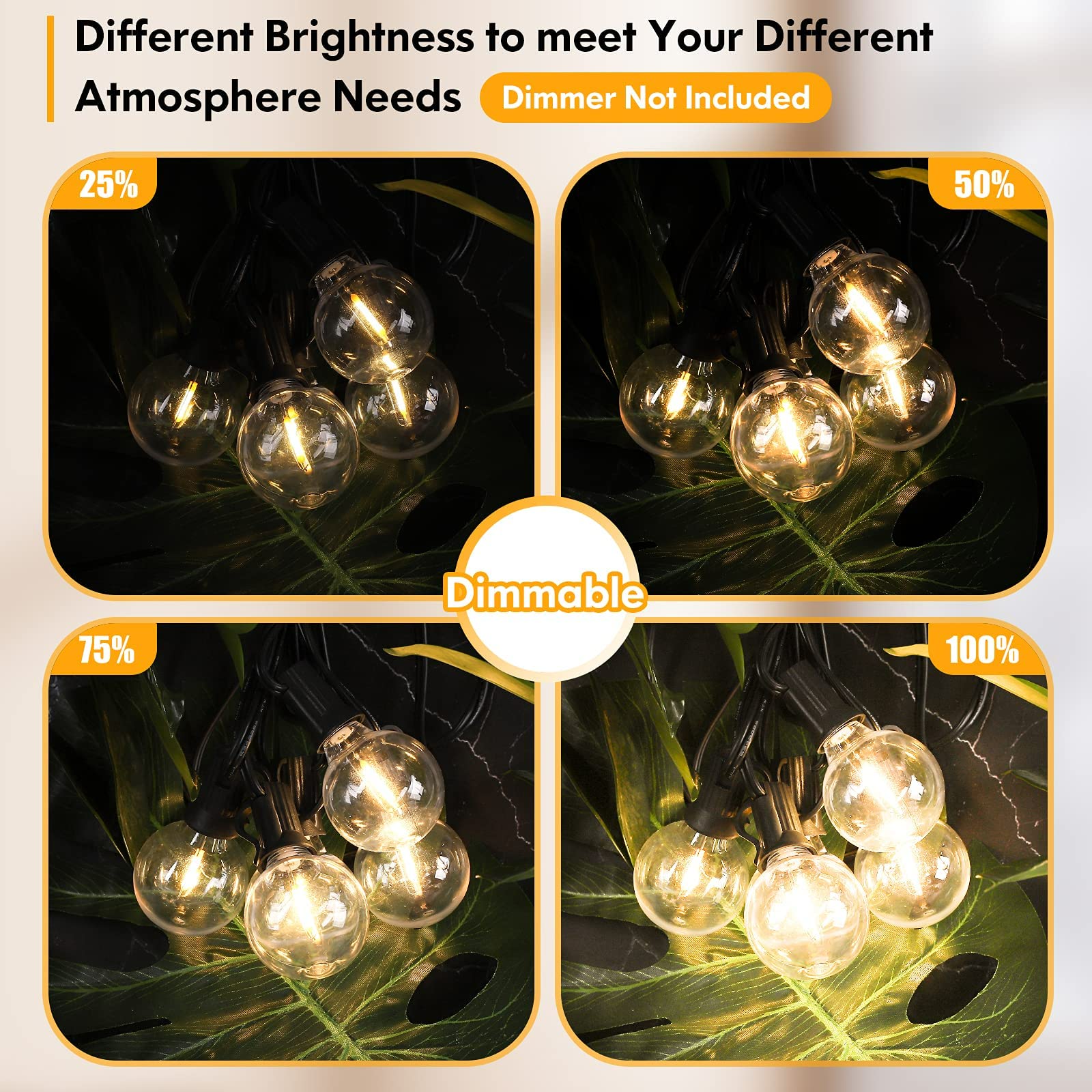 Brightever 200FT Outdoor String Lights, Dimmable LED with 100+4 Shatterproof G40 Globe Bulbs, Model GYPC-O100LAU