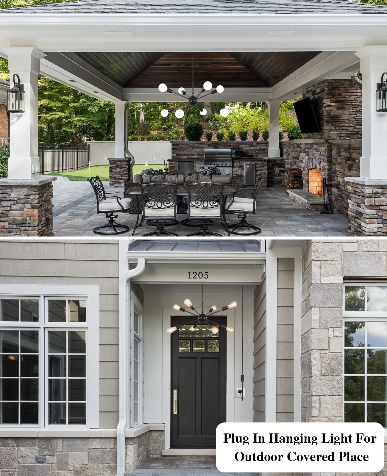 Lasenchoo 8-Light Black Plug-In Chandelier With 16.4Ft Cord & Switch - Modern Sputnik Pendant Light