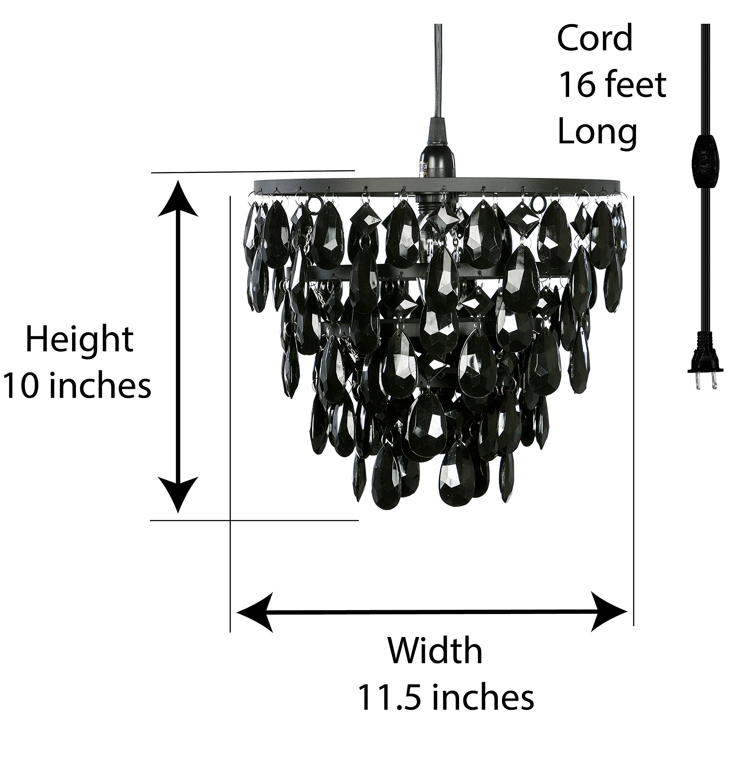 Gypsy Color Plug-In Black Hanging Swag Dome Chandelier, 1 Light, 10”X11.5”, Metal Frame With Black Acrylic Crystals, Model Gydmbk