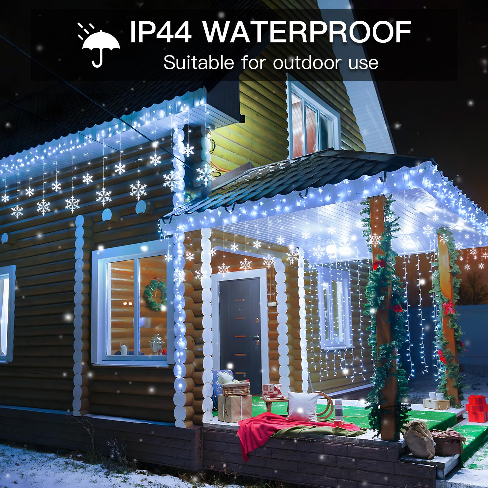 suddus Christmas Snowflake Lights Outdoor, 10.7ft 168 LED Connectable Holiday String Lights Plug in with 14 Drops, Hanging Icicl