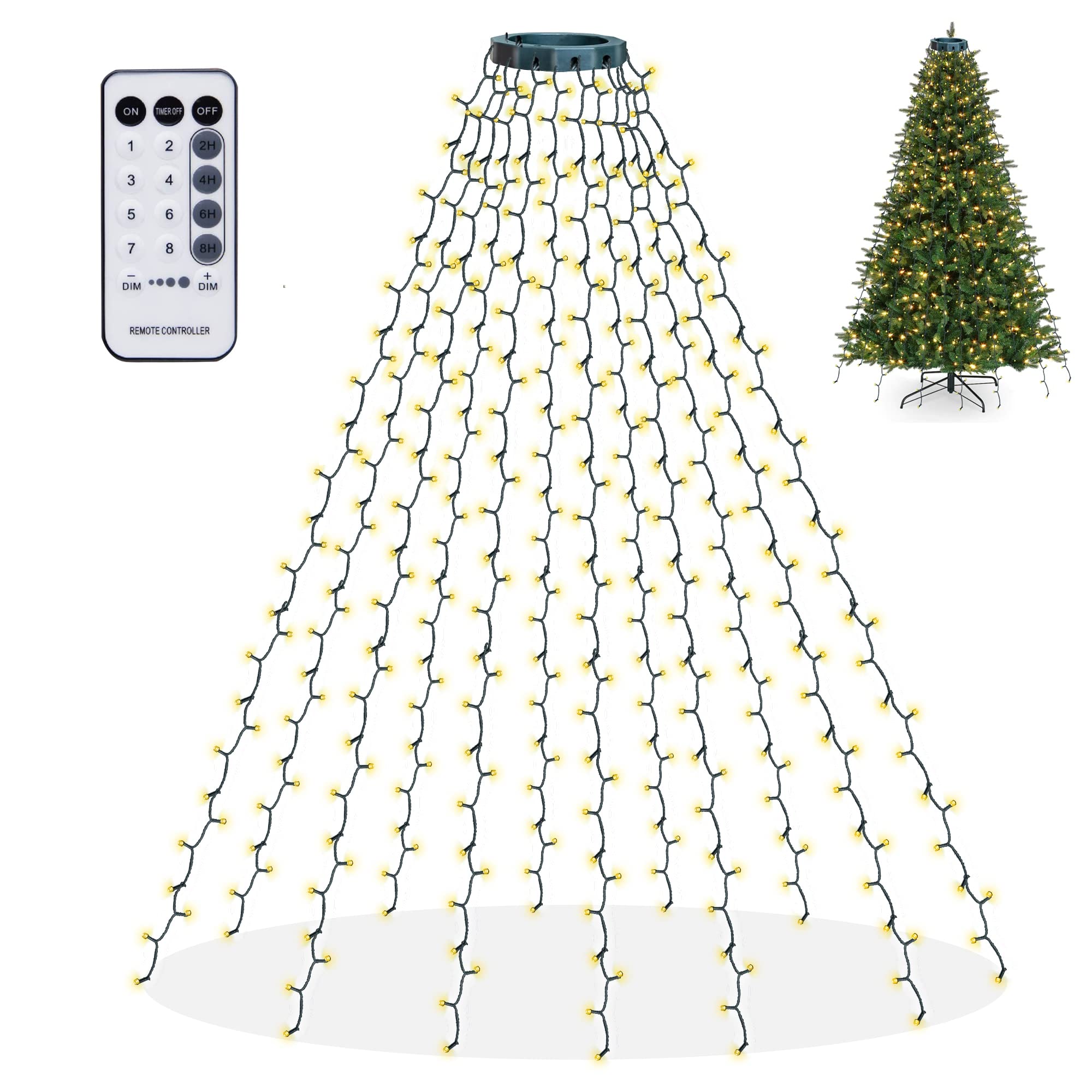 Dazzle Bright Christmas Tree Lights, 448 LED Waterfall Topper, 8.2FT X 16 Lines, Remote & 8 Modes, Warm White