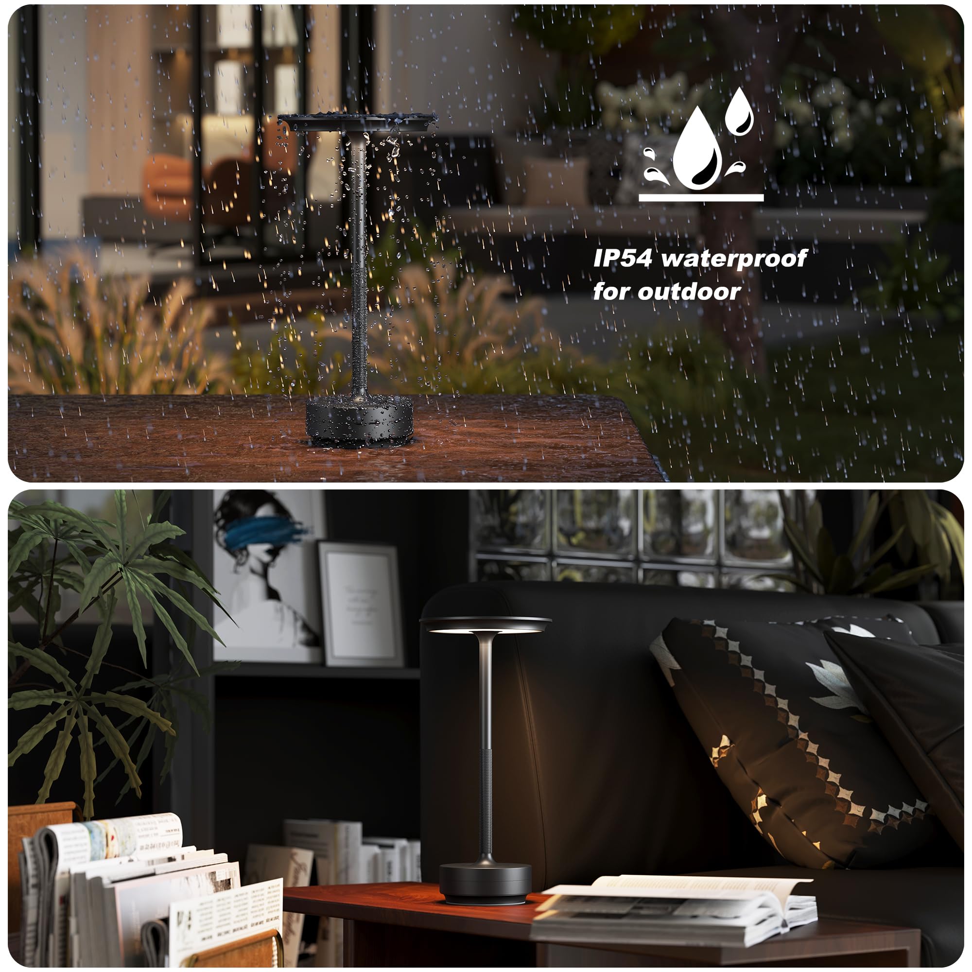 TBBGA Cordless Table Lamp, 5000mAh Rechargeable, 3 Color Dimming LED, Aluminum, Black, Model Q006