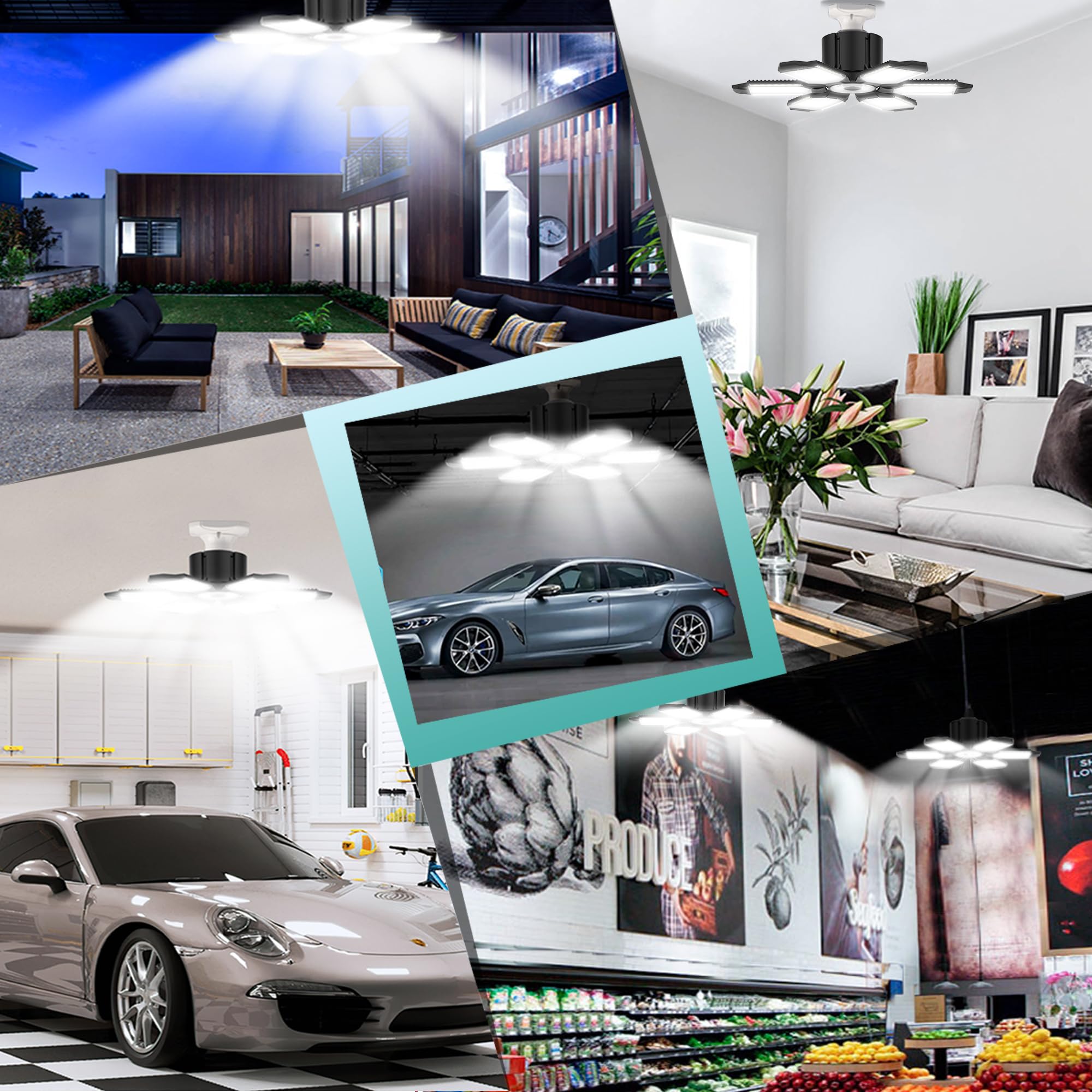 Brainiac 100W Led Garage Light - Super Bright Deformable Fixture With 5 Panels - 2 Pack