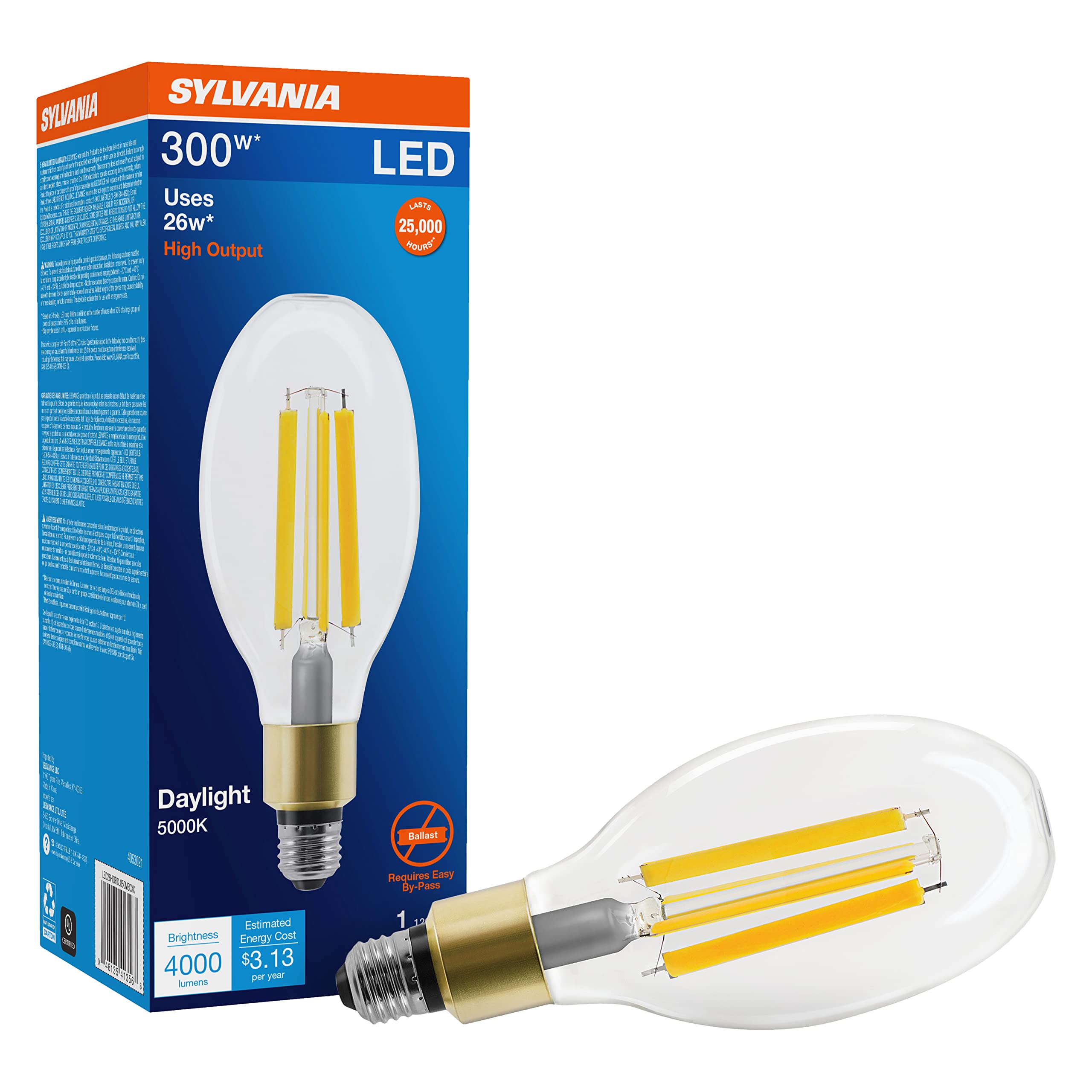 Sylvania Ultra LED High Lumen Filament Lamp  300W = 26W  Non-Dimmable  4000 Lumens  Medium Base  Clear  5000K  Daylight - 41356 (1 Pack)