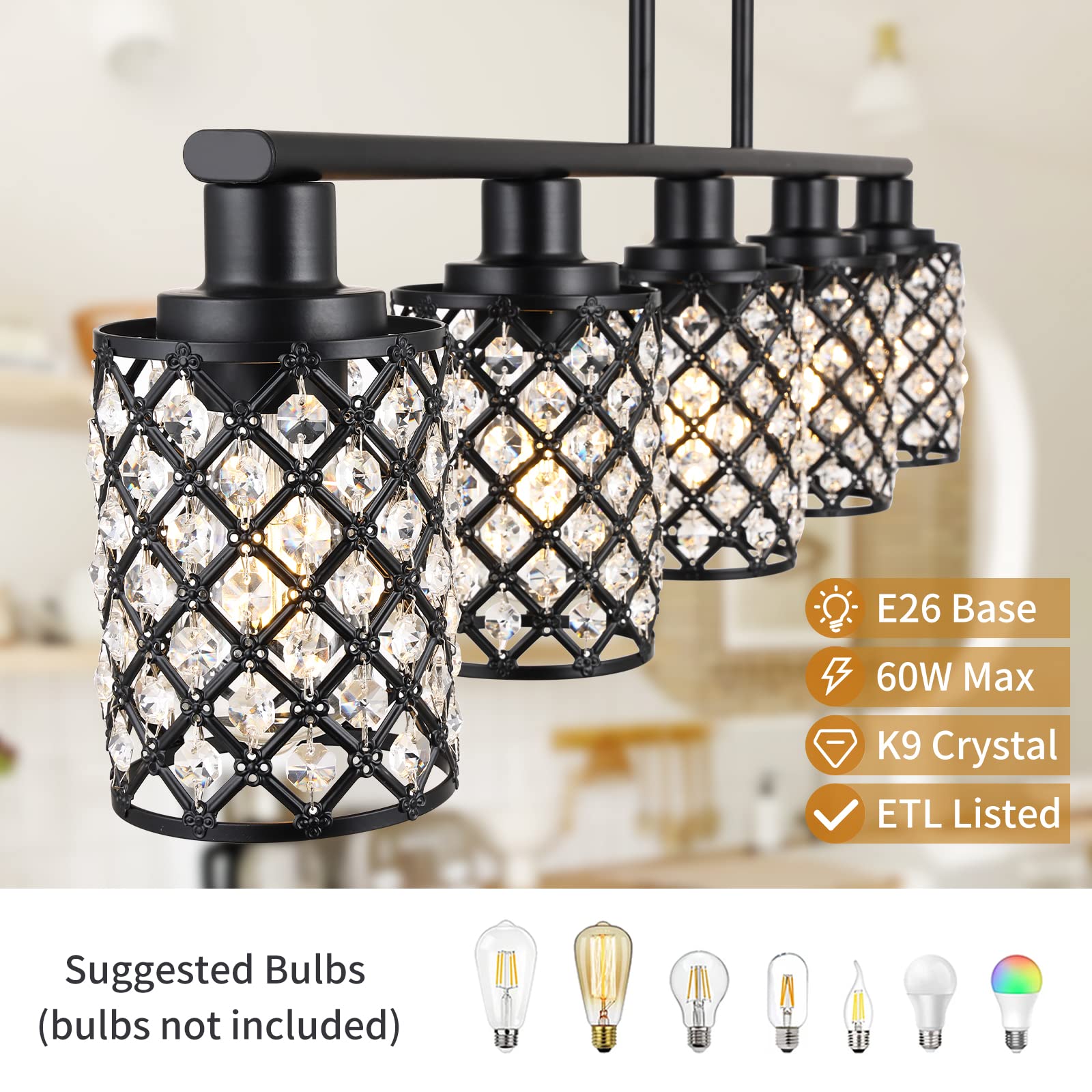 KPIOK 5-Light Kitchen Island Pendant Chandelier, Black Metal with Handmade Crystal Shade, Ideal for Dining Table and Living Room