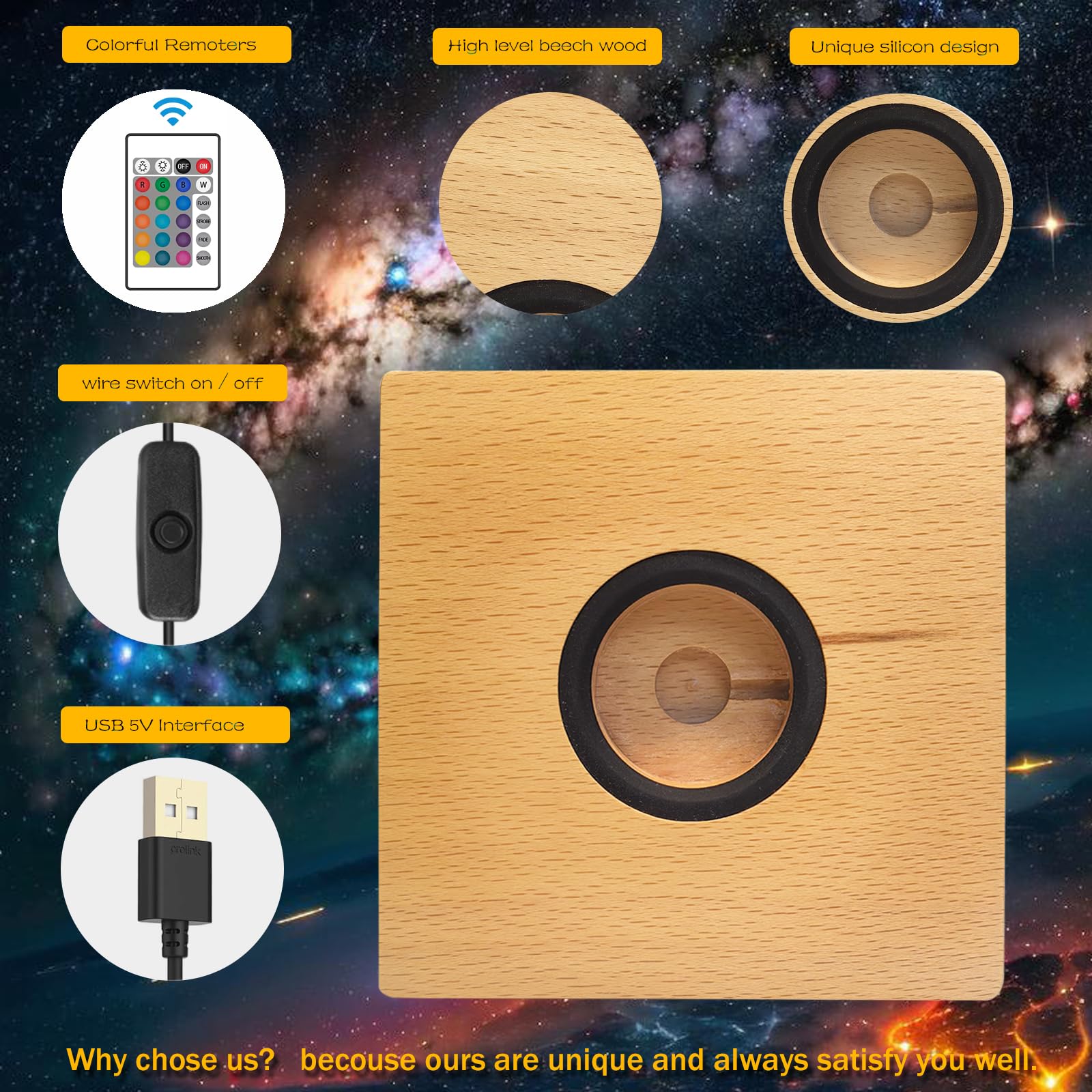 Myouke 4 Inch Led Light Base Display Base Lighted Display Stand,16 Colored Usb Light Table Light Base Wood Crystal Light Glass A