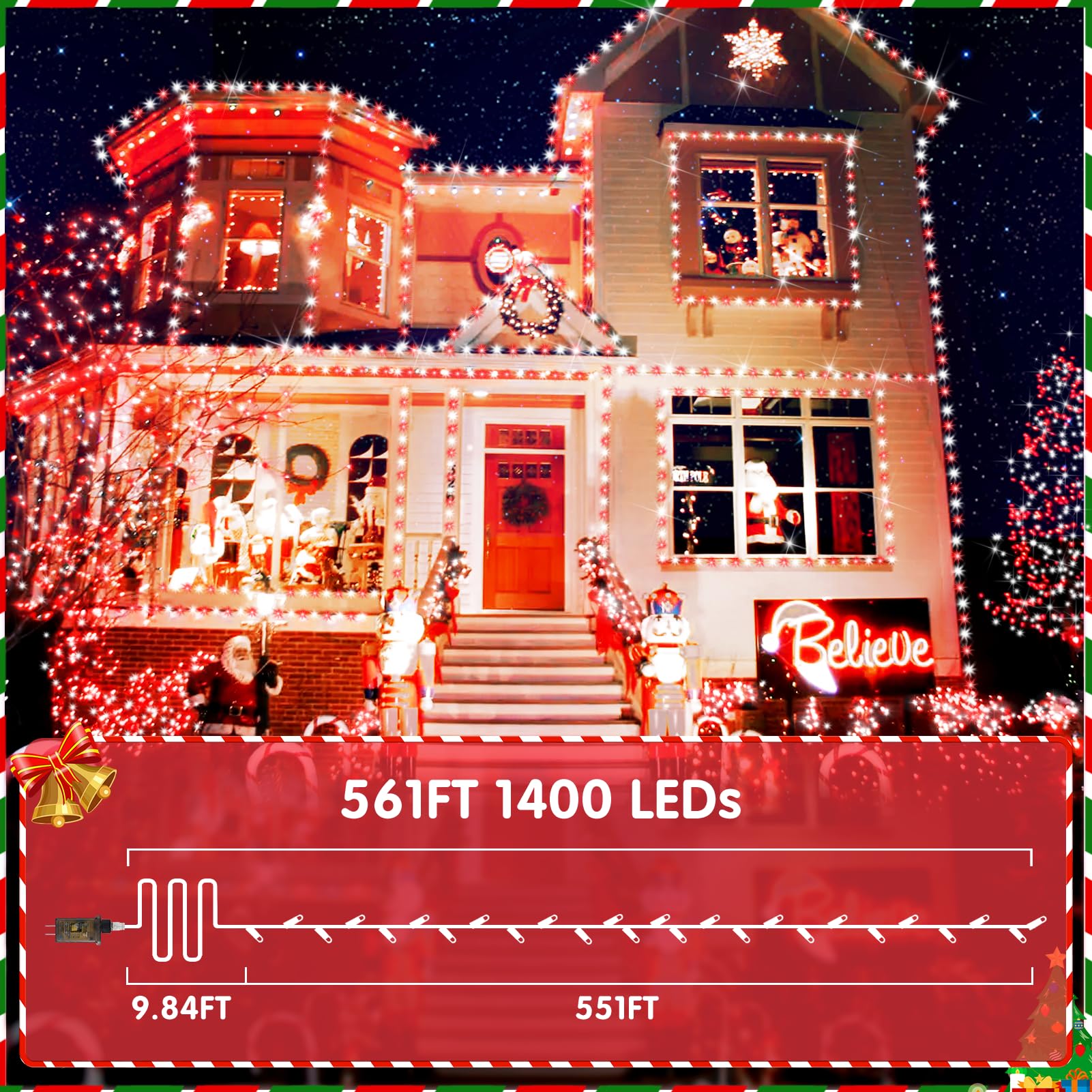 Xurisen 551Ft Christmas Lights, 1400 Led Super Long String Lights 8 Modes & Memory Timer Plug In Twinkle Fairy Lights Decor For Home Xmas Party Wedding