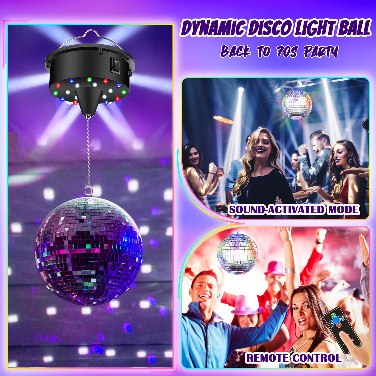 10Rpm Disco Ball With Motor And 6Inch Mirror Ball - Plug/Battery Operated Disco Motor With 18 Led Beads 4 Color Lights And Remot