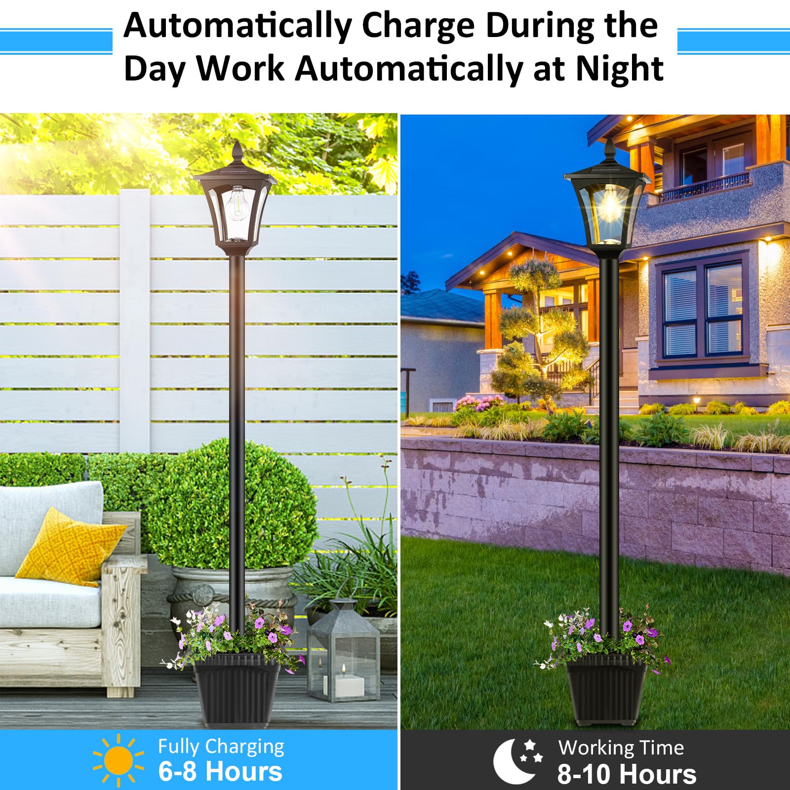 Derynome 72&quot; Solar Outdoor Light With Planter, Waterproof Black Solar Garden Lamp For Patio & Lawn