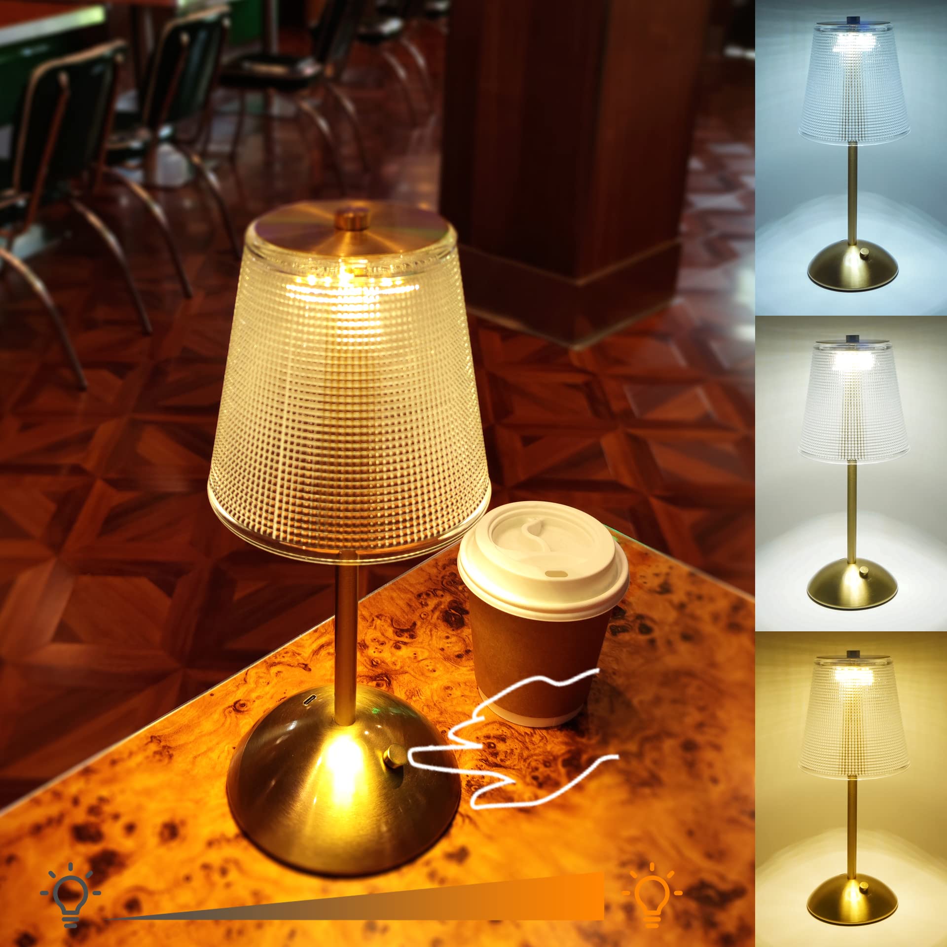 Amingulry Cordless Table Lamp, Rechargeable LED Touch Lamp, 3 Color Modes, Stepless Dimming, Gold Retro, Small Size