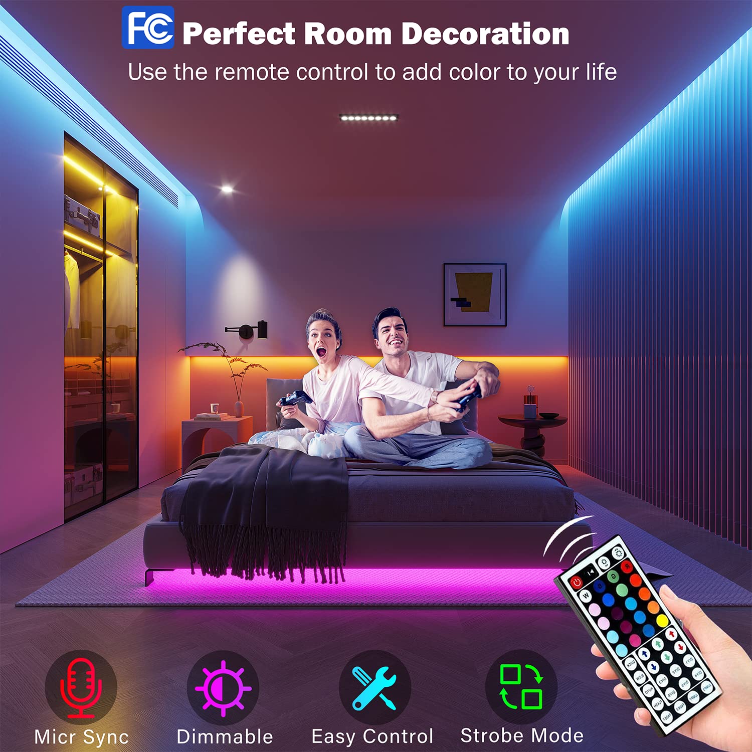 Leeleberd 50ft LED Strip Lights - Bluetooth RGB Color Changing, Remote Control, Multicolor, Plastic, Model T-100 for Home Decoration