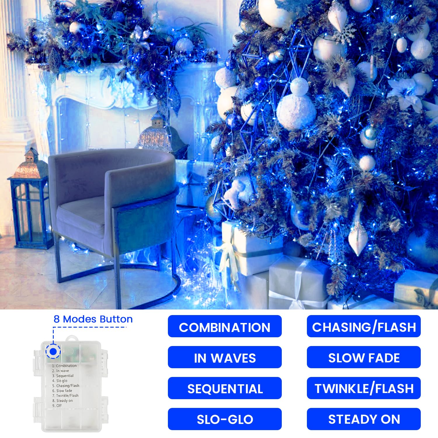 2 Pack Christmas String Lights Battery Operated With Timer  66Ft 200 Led Waterproof Twinkle Lights  8 Modes Fairy Light For Indoor And Outdoor Bedroom Garland Tree Christmas Decorations (Blue)