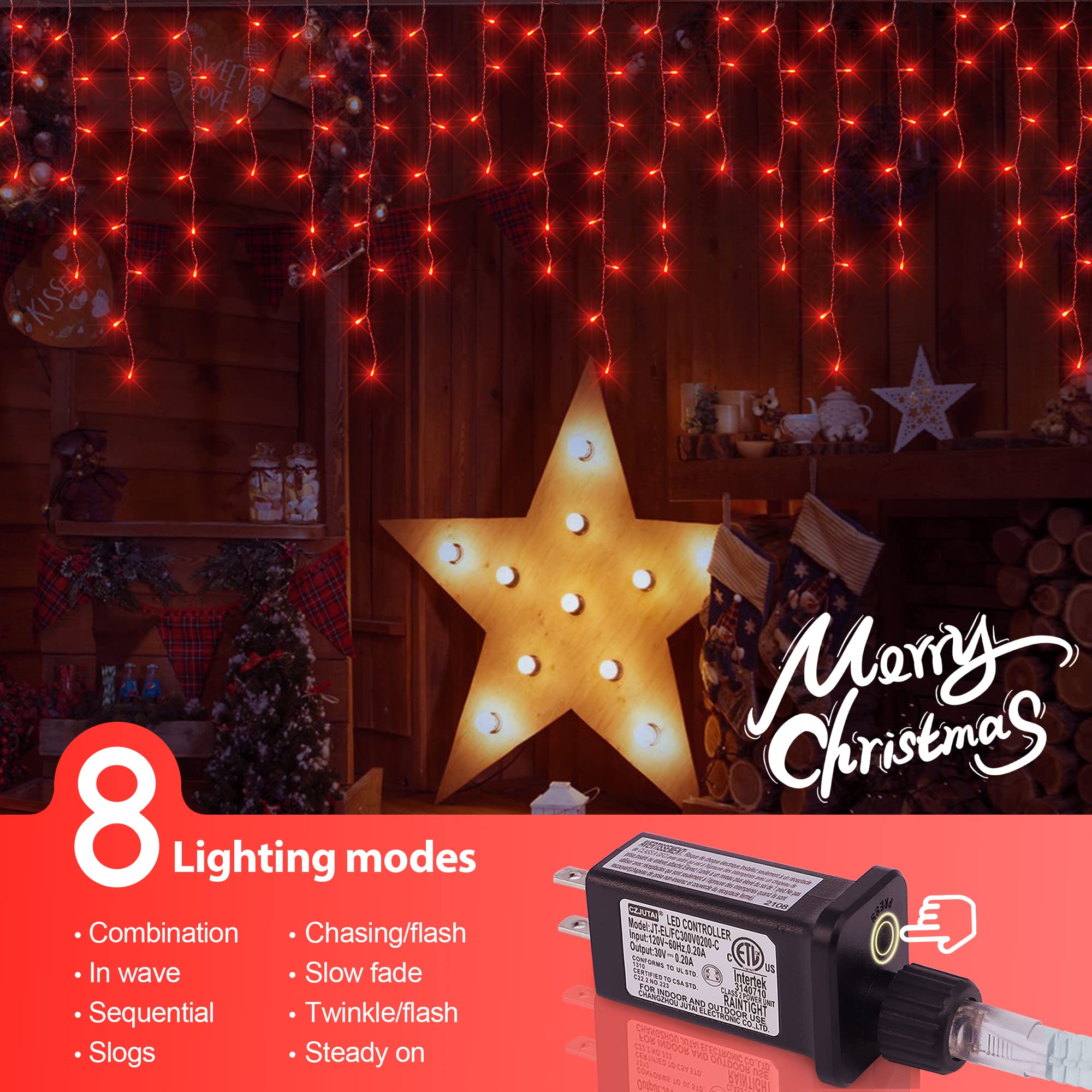 Qunlight 300L Led Icicle Lights, Red Window Curtain Lights,8 Modes With 30V Plug In For Wedding, Party, Bedroom, Home, Garden, Outdoor, Indoor Wall,Christmas Decorations,Connectable