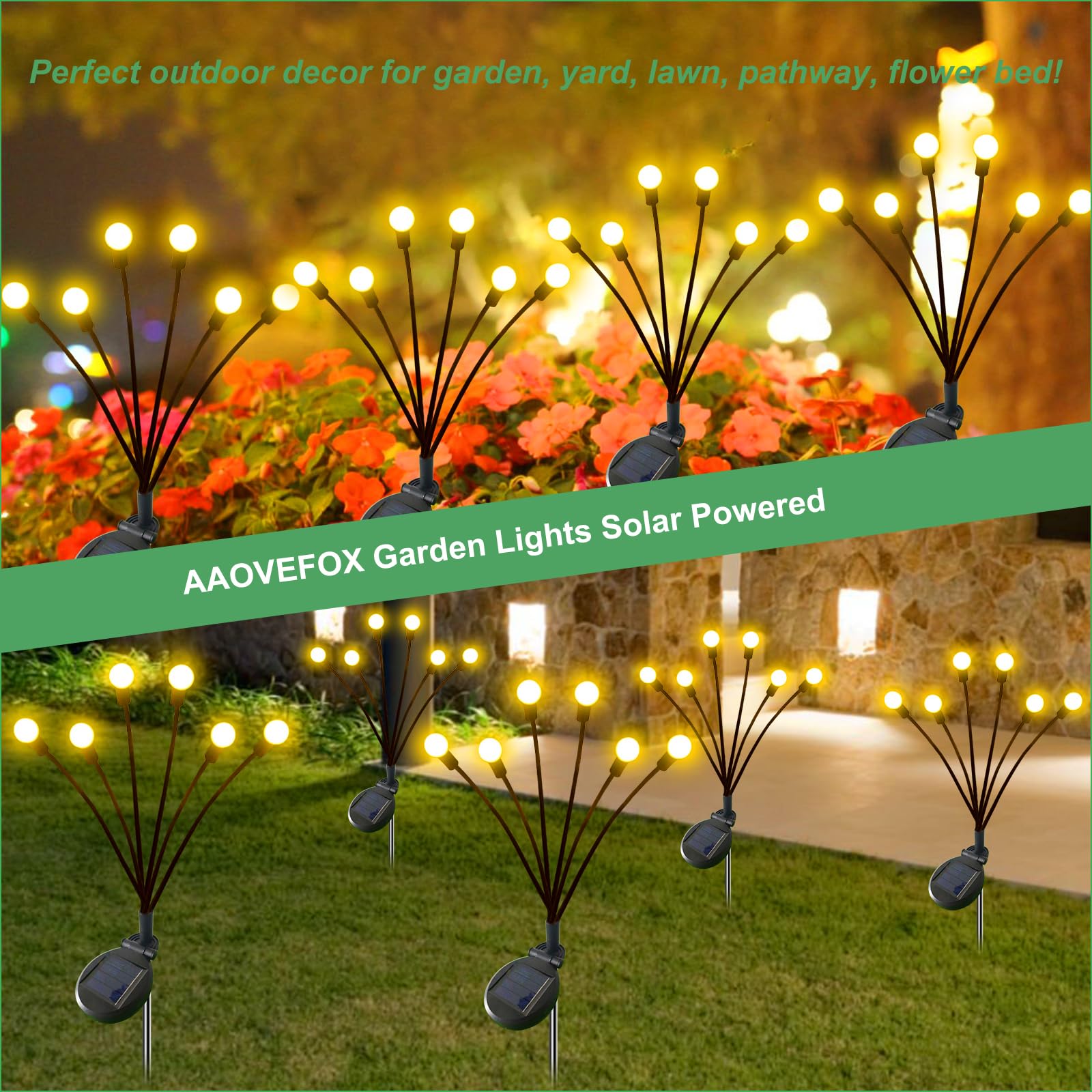 AAOVEFOX Solar Outdoor Lights, Firefly Garden Lights, 6 Pack, Warm Color, Model F6