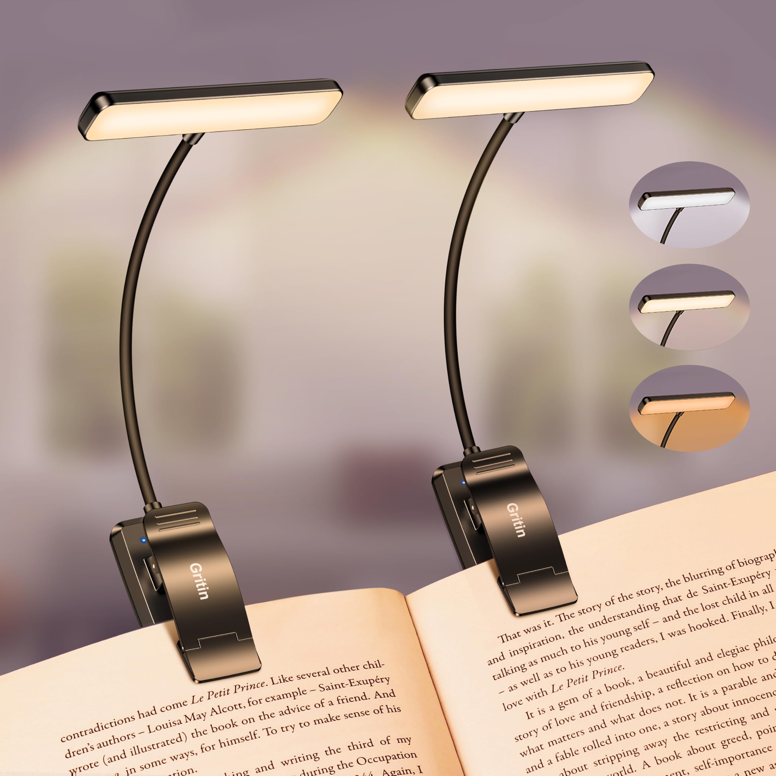 Gritin 2 Pack 19 LED Rechargeable Book Light for Reading in Bed with Memory Function-Eye Caring 3 Color Temperatures,Stepless Di
