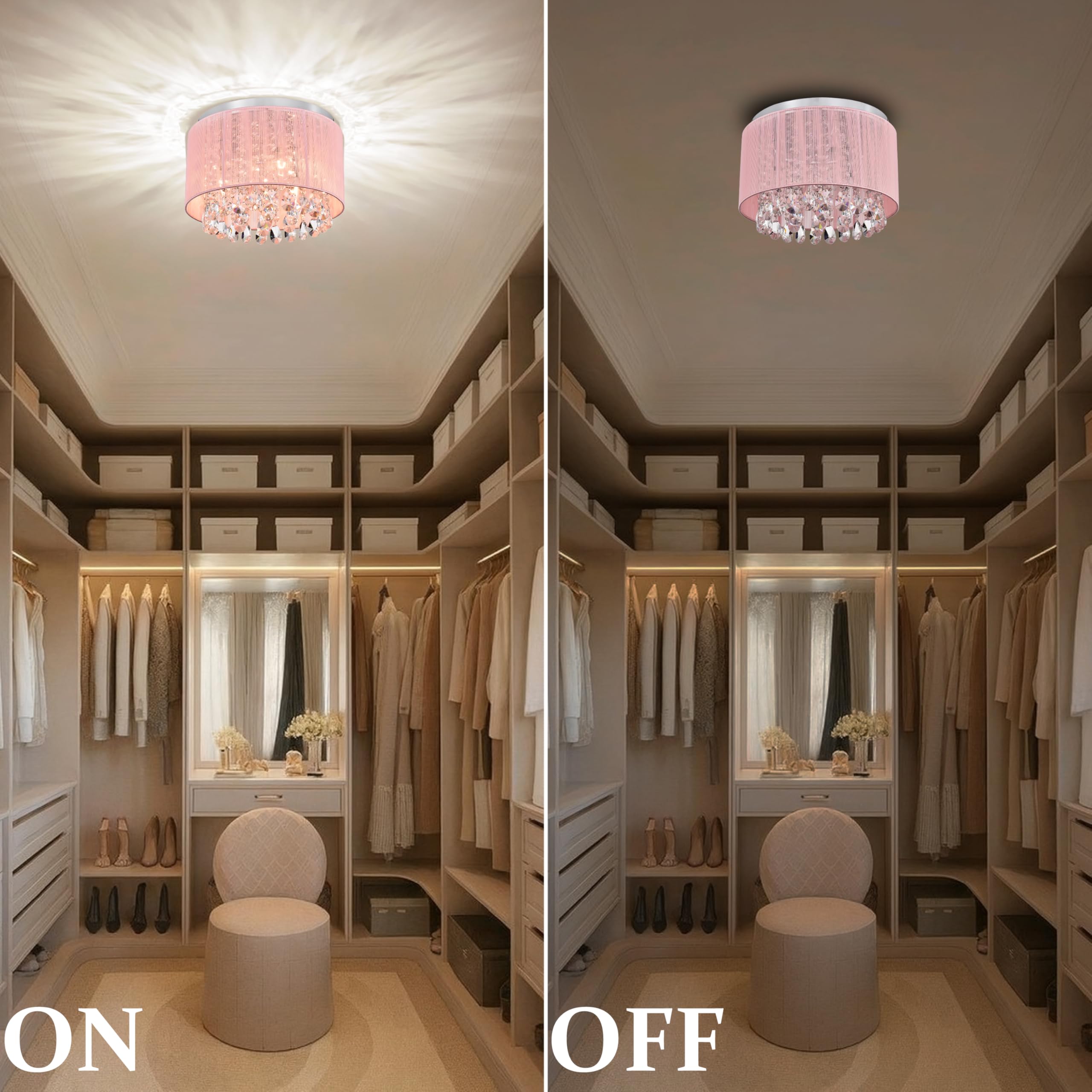 LaLuLa Pink Chandelier Drum Flush Mount Light Fixture - 3-Light 11" Round Crystal Ceiling Light for Girls Bedroom