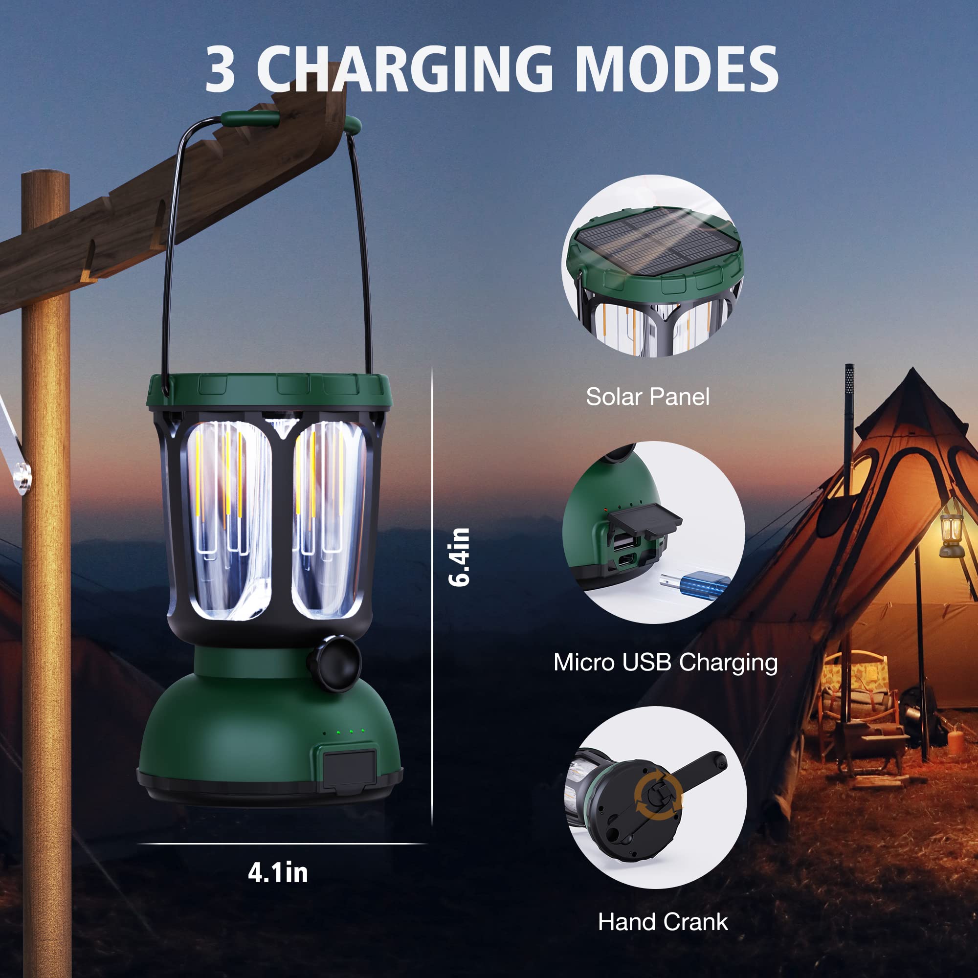 Raynic 6000 LED Camping Lantern - 650LM Hand Crank Solar Rechargeable, Green, ABS Material, Perfect for Emergencies and Power Failures