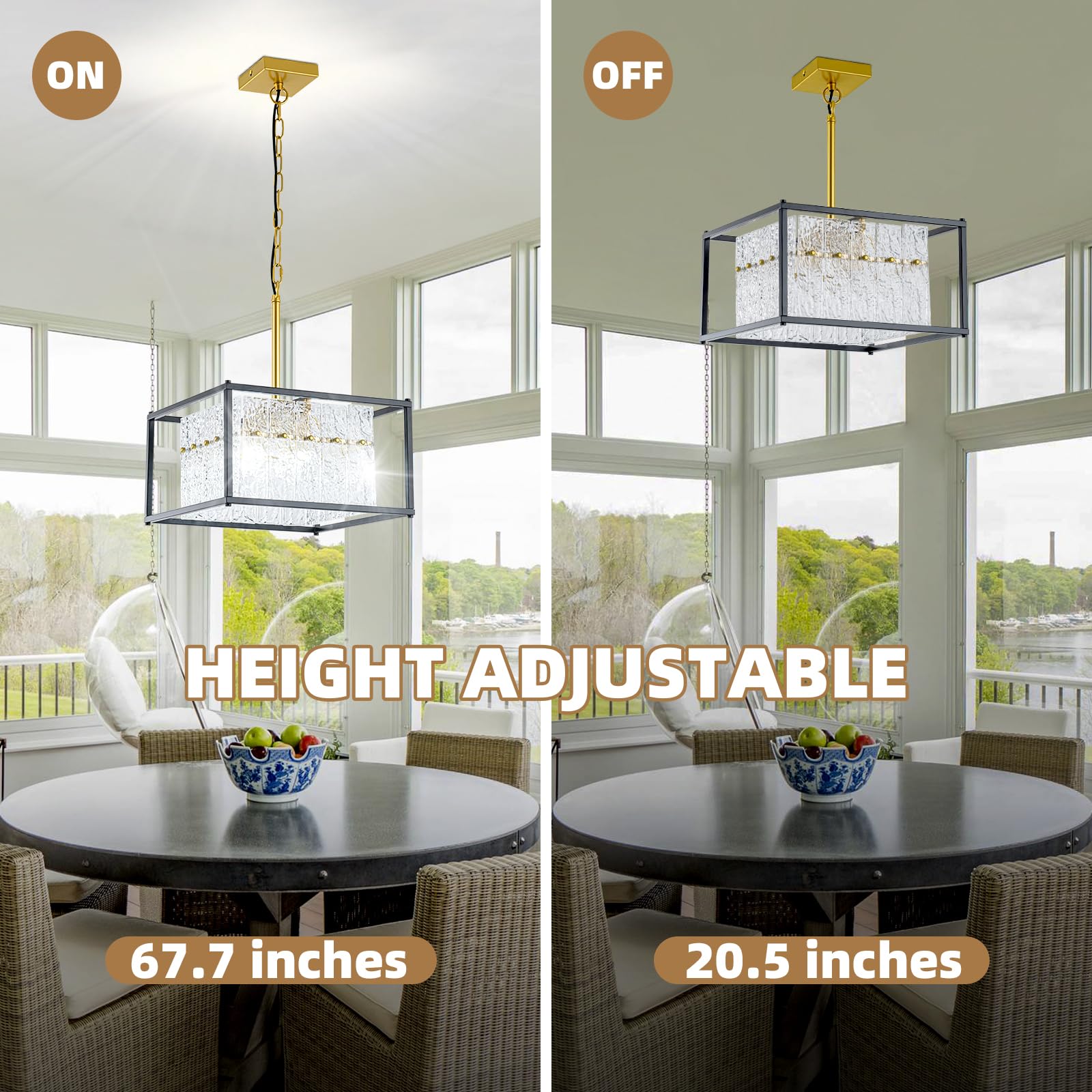 4-Light Modern Square Pendant Light Fixture, Black And Gold Crystal Chandelier With Water Ripple Glass Shades, Farmhouse Adjusta