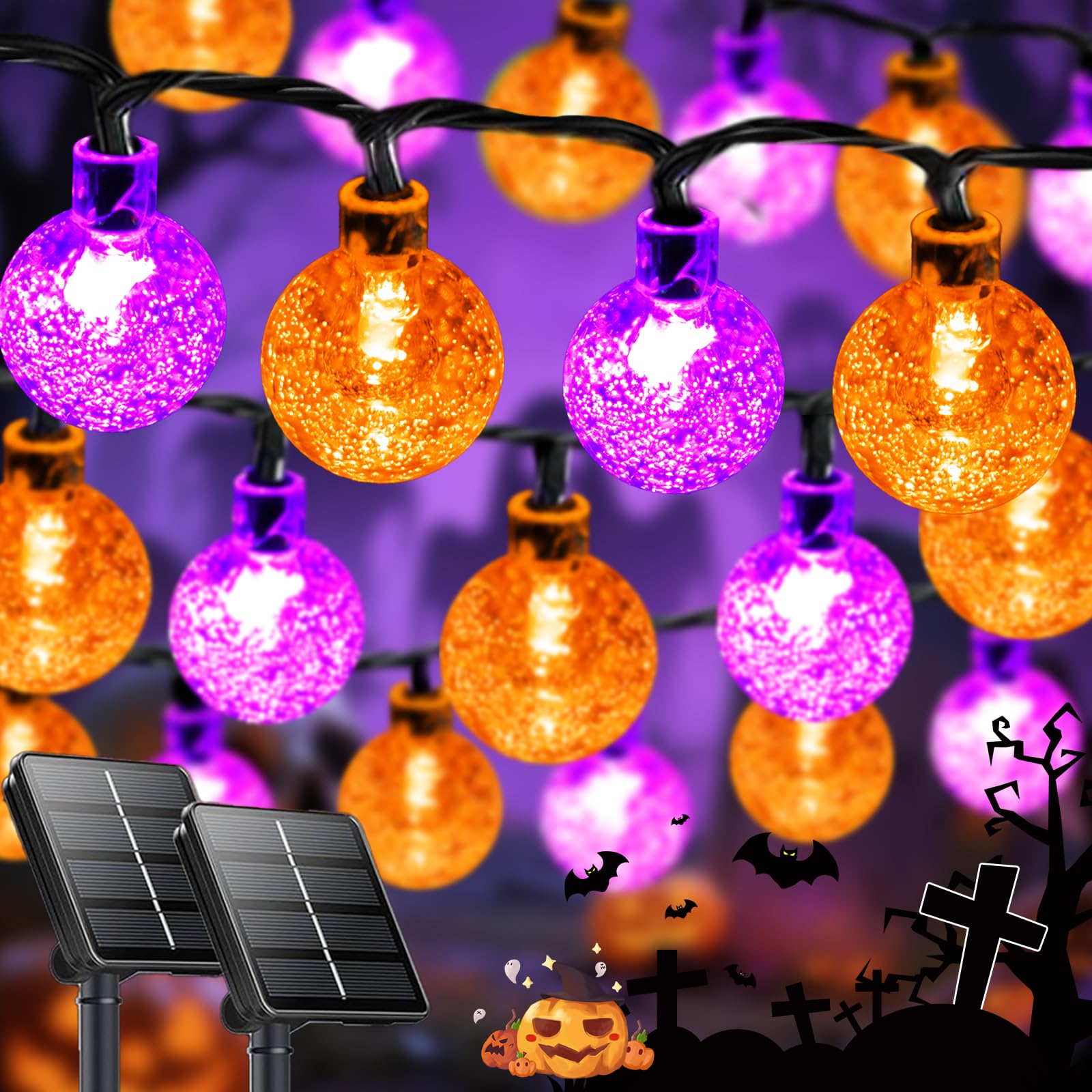 LORRYTE Solar Globe String Lights, 100 LED, 64FT, Purple & Orange, 2-Pack, Waterproof, 8 Lighting Modes for Halloween Outdoor Decorations