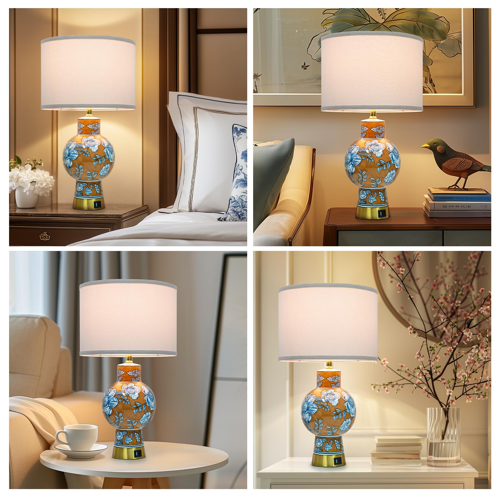 EOEYYOYB Table Lamp - Vase Design, Linen Material, Type-C & USB Ports, Orange, Model 1987, Ideal for Bedroom & Office