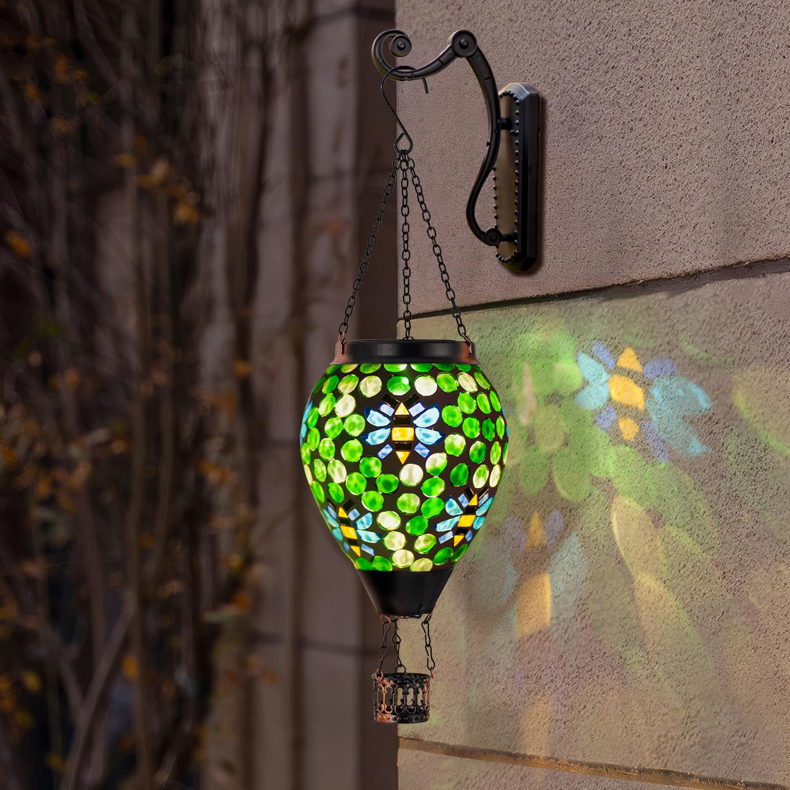 DREAMSKIP Solar Hot Air Balloon Lantern - Green Mosaic Glass, Waterproof Hanging Light for Patio & Garden, Model 49120507
