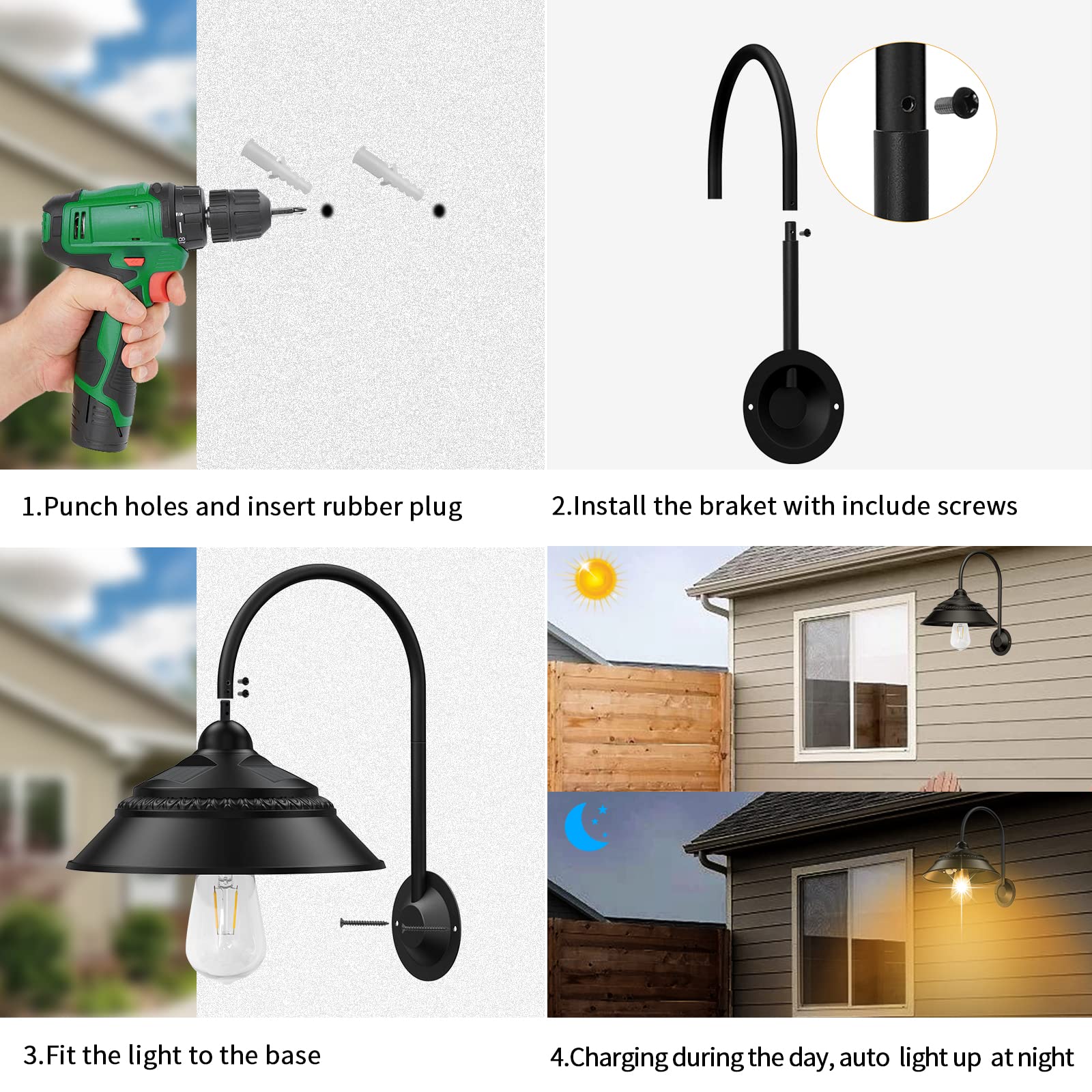Ufelizor Solar Barn Light - Retro Wall Mount Sconce With 3 Modes, Motion Sensor, Waterproof, Black, Model Uf001