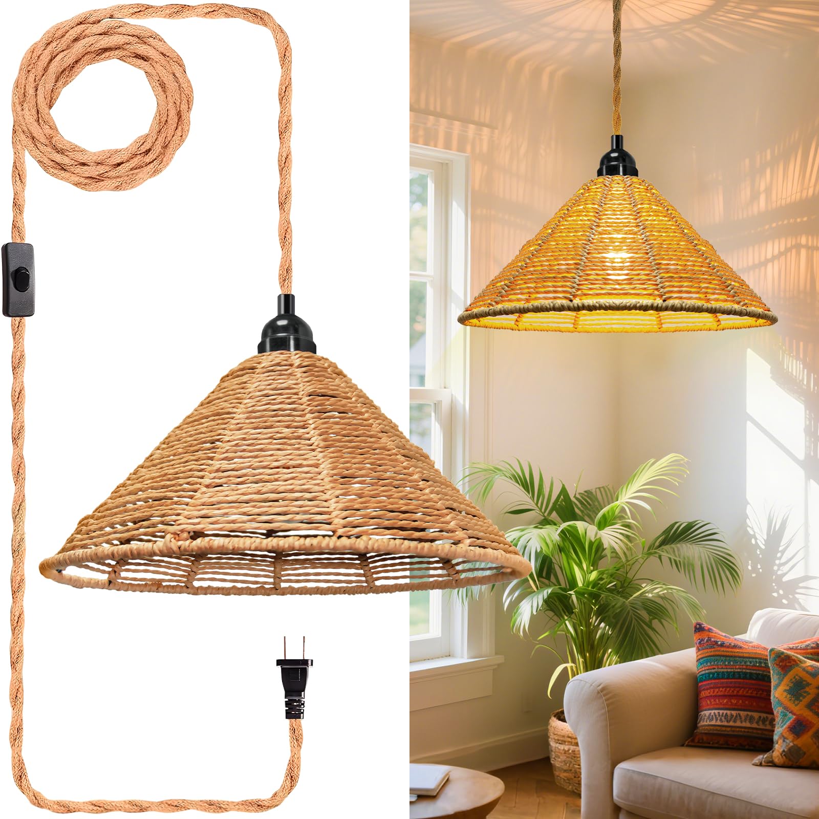 Hanging Lamps Rattan Pendant Light - 16.4Ft Plug In Cord Hanging Light Fixture Plug Into Wall Outlet Pendant Lighting With On Off Switch For Bedroom Living (Industrial Shade)