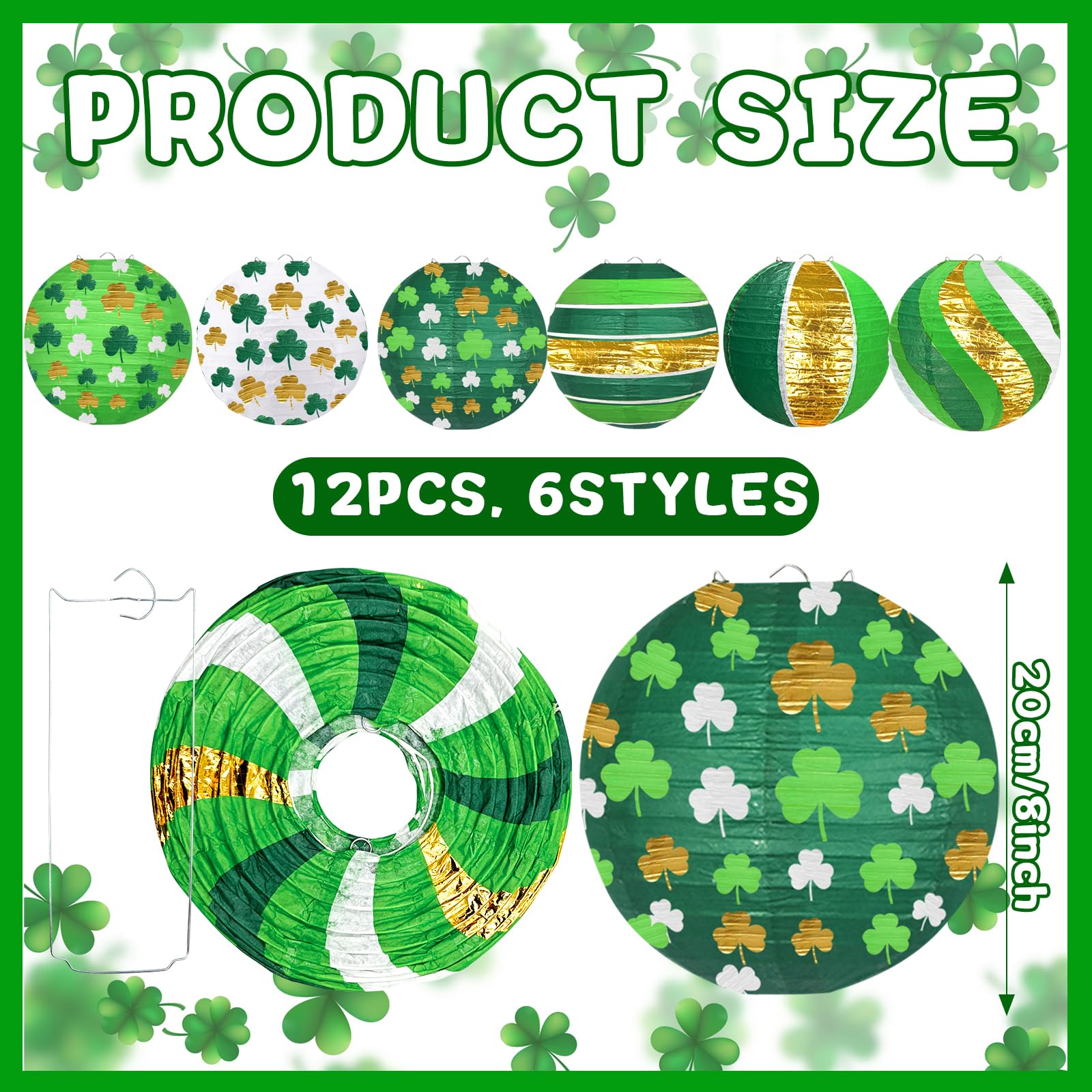 Adlkgg St Patrick'S Day Paper Lanterns Party Decorations, Green Four-Leaf Clover Printed Hanging Round Paper Lanterns For Irish