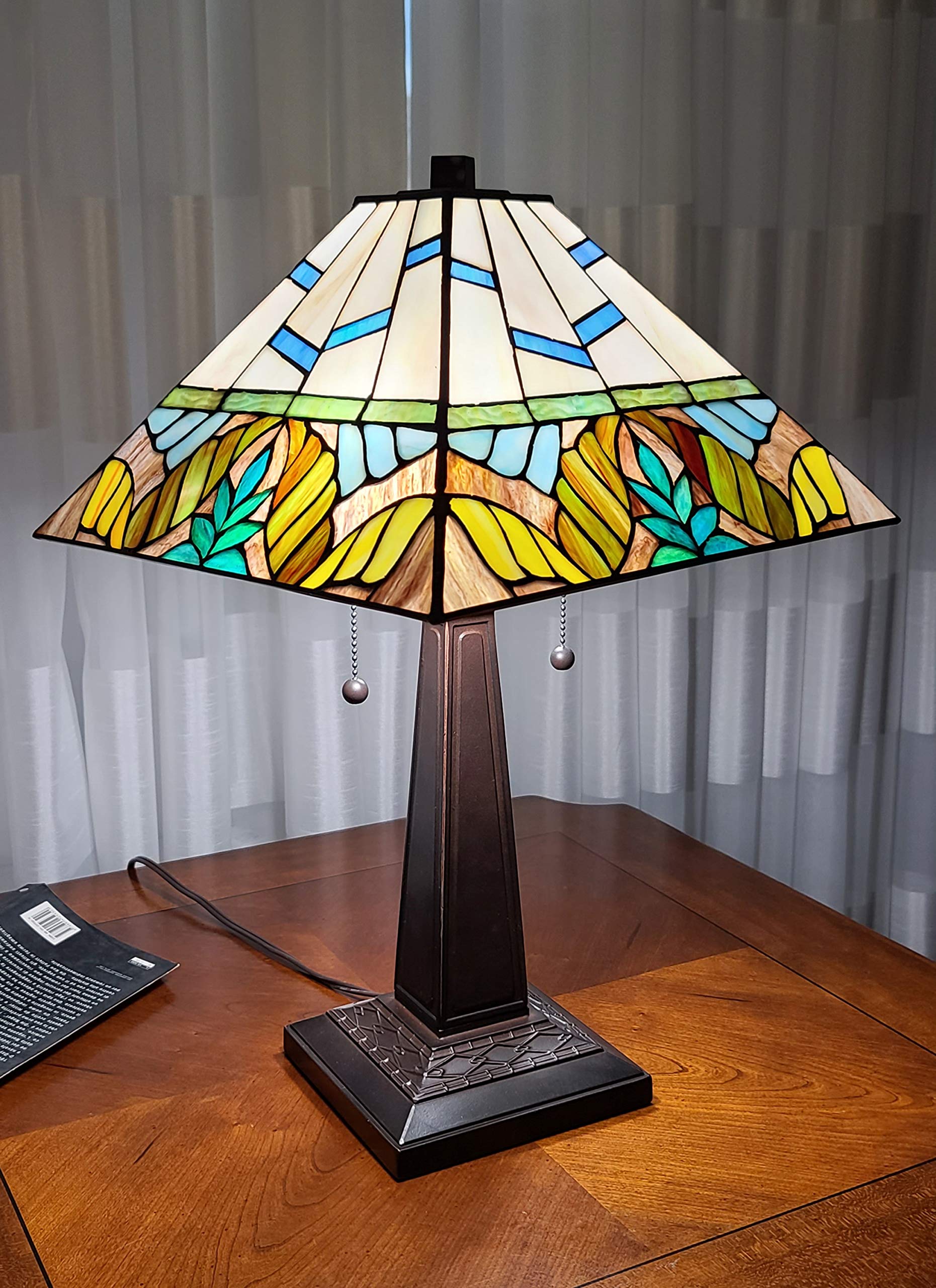 Tiffany Style Table Lamp Banker Mission 22 Tall Stained Glass Tan Blue Brown Yellow Green Floral Flower Vintage Antique Light D 
