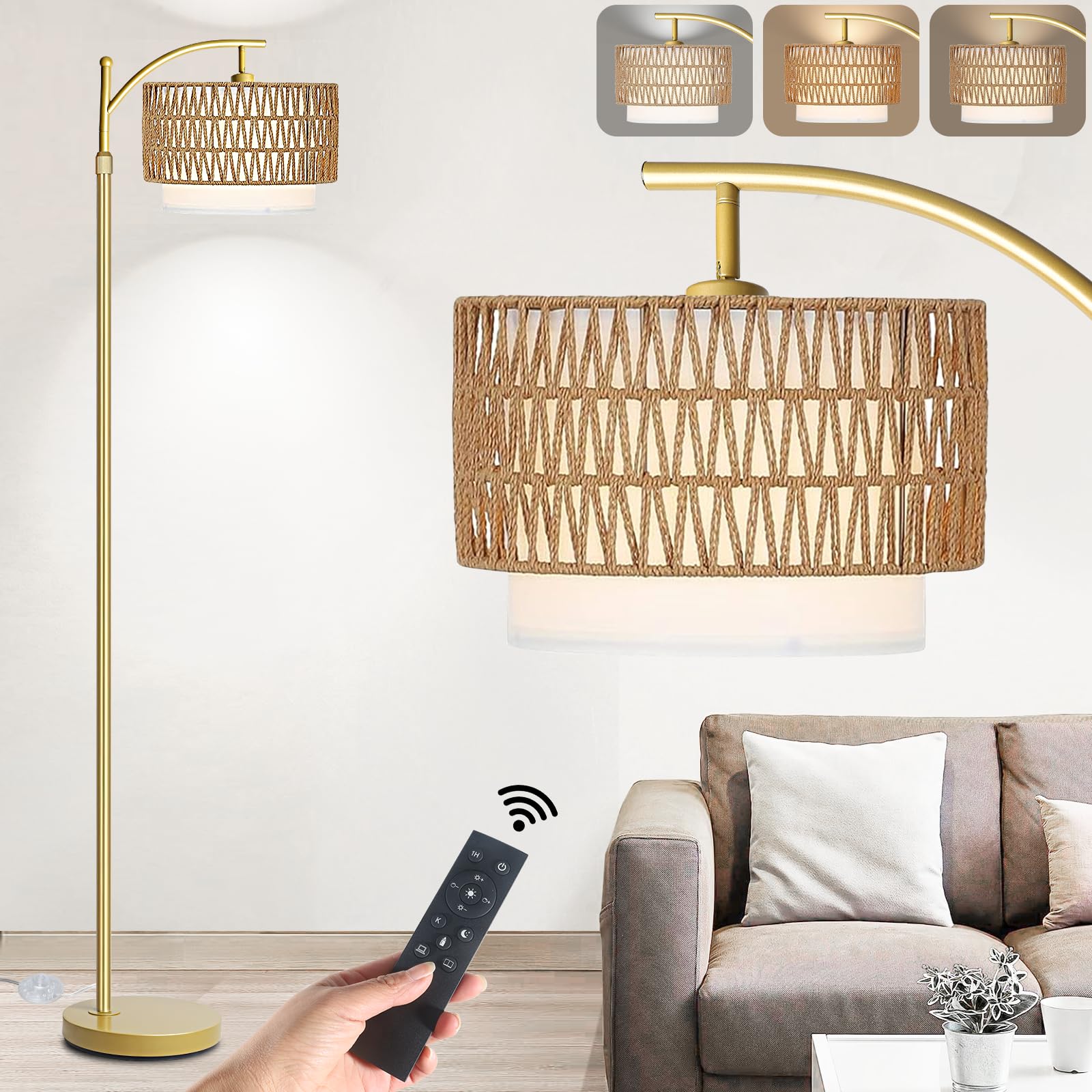 Yusist Arc Floor Lamp for Living Room,Gold Floor Lamps with Remote Control & Dimmable Bulb,Rattan Boho Tall Standing Lamp for Be