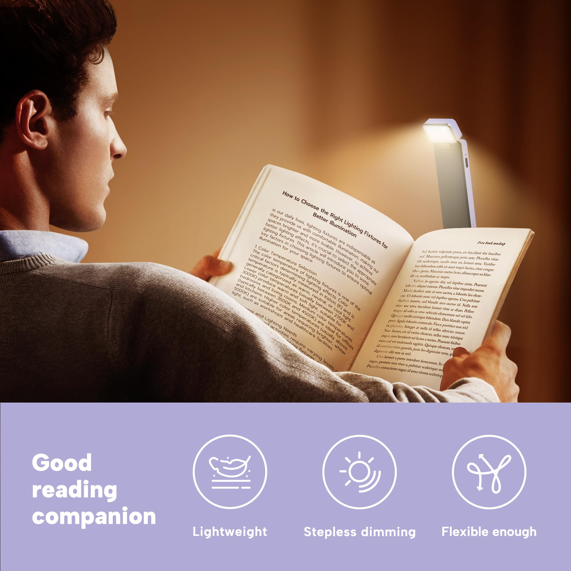 86lux Rechargeable Book Light, Ultralight Clip-on LED Lamp, Stepless Dimming, 3 Amber Colors, Light Lilac, Model OK08