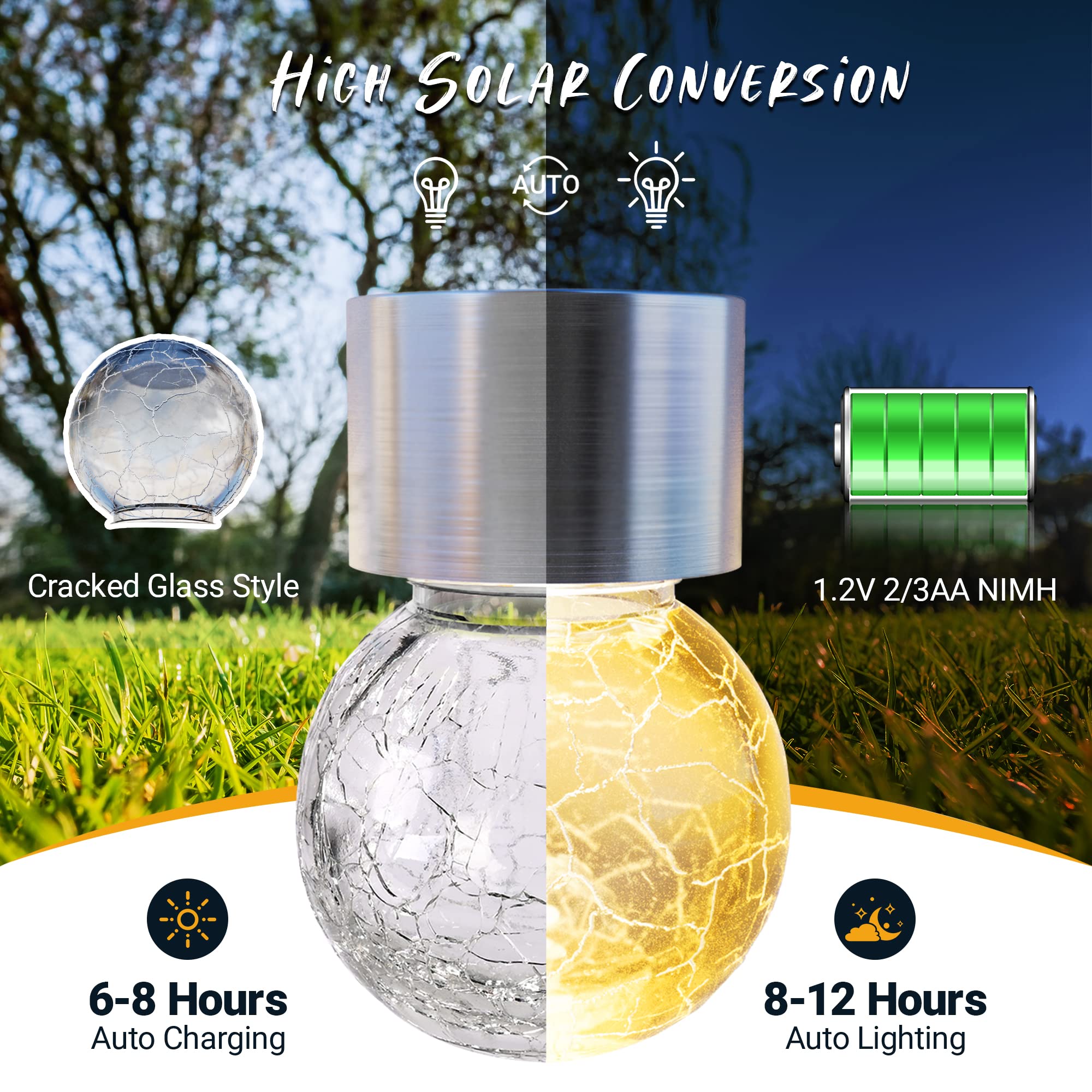 Gigalumi 8 Pack Solar Outdoor Lights, Solar Hanging Lights For Christmas Decoration-Cracked Glass Solar Lights Outdoor Waterproof For Garden, Yard, Fence, Tree(Warm White)