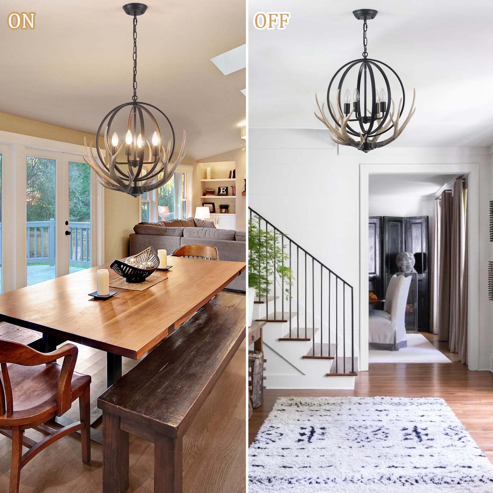 Antler Chandelier 4-Light Farmhouse Rustic Chandelier For Dining Room Light Fixture With 4 Resin Deer And Metal Globe Chandelier