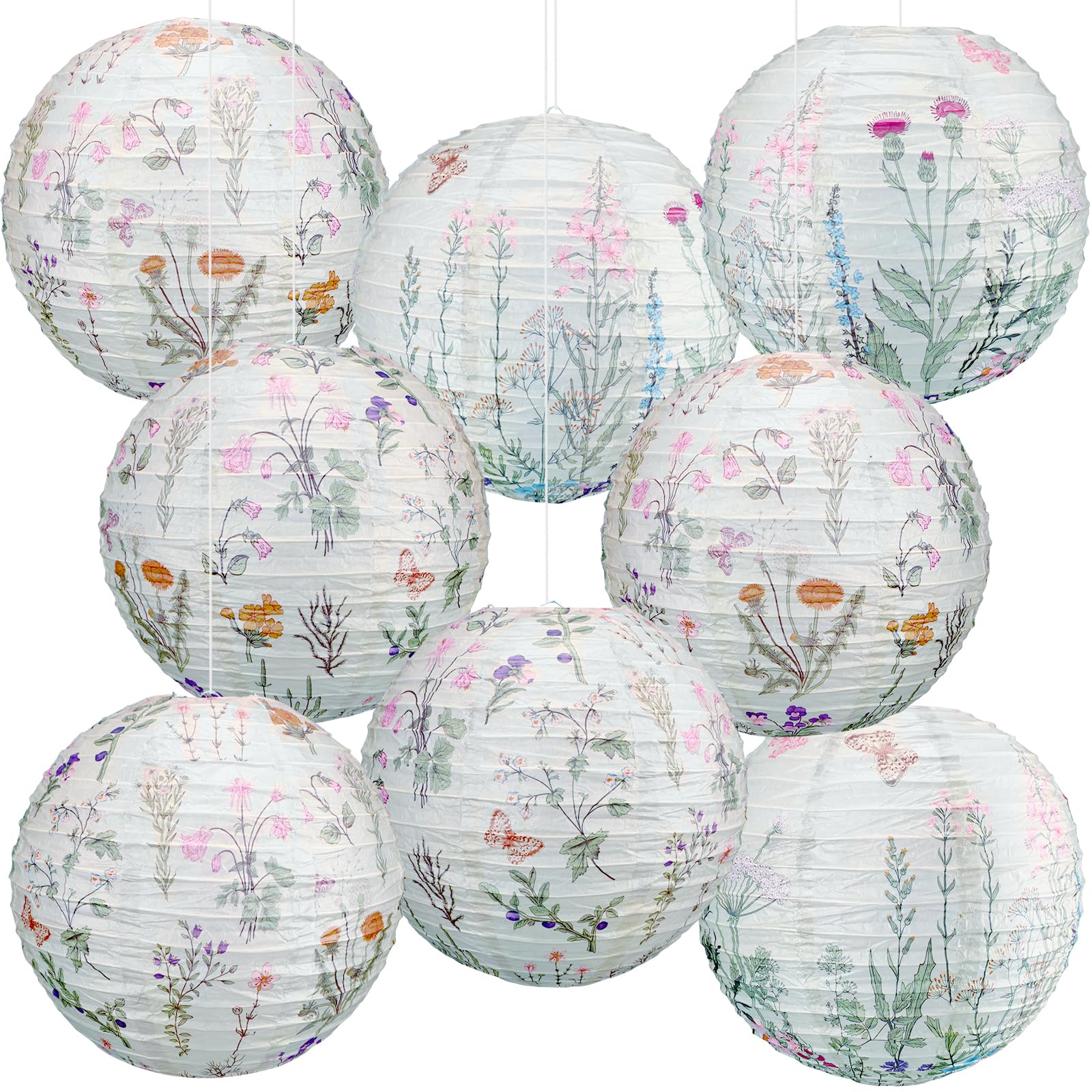 Baquler 8 Pcs Wildflower Paper Lanterns Party Decorations Vintage Floral Hanging Lanterns 12 Inch 2 Styles for Summer Baby in Bl