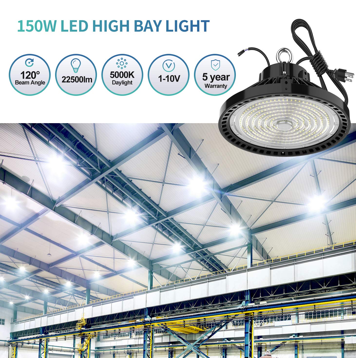 Jomitop High Bay Led Light 200 Watt 1-10V Dimmable 30000 Lumen, Dlc Listed 5000K Bright White, 800W Hps Or Mh Bulbs Equivalent, Industrial Highbay Light, Warehouse Light Fixtures, Ac 90-277V