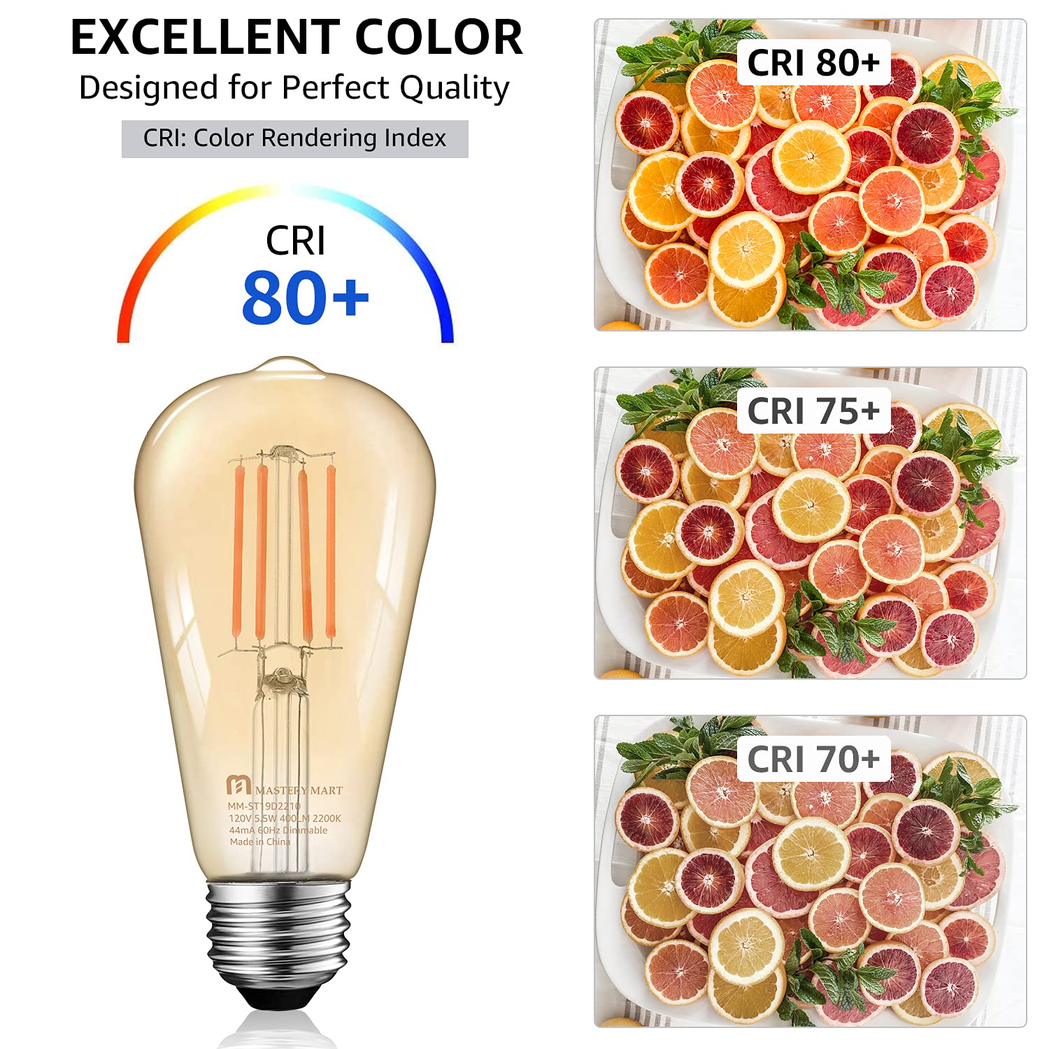 MASTERY MART Dimmable Vintage E26 LED Light Bulb, 5.5W, 2200K Warm White, Glass ST21, 500LM, 6 Pack