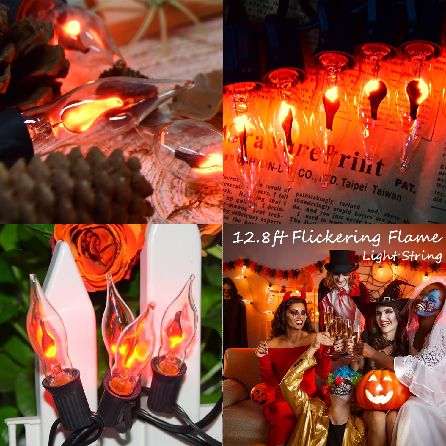 Pasuto Halloween Lights Indoor Flickering Flame String Lights With 10 Pack Clear C7 Flame Light Bulbs, 12.8Ft Flame String Lights For Halloween Decorations Indoor Outdoor Home Party Lights