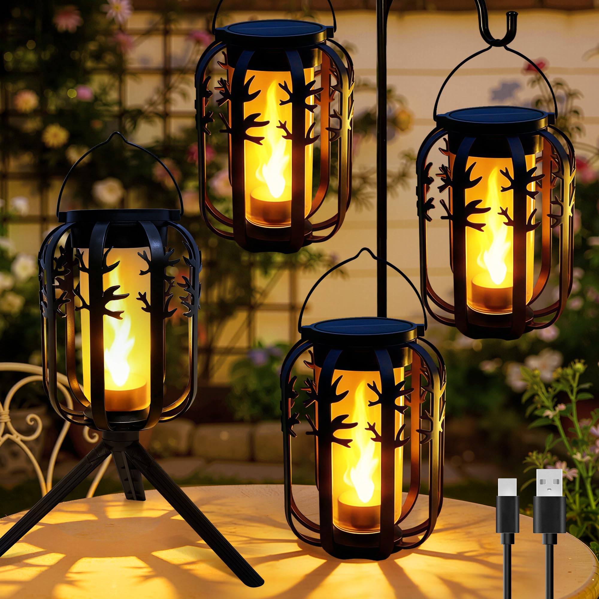 Ollny 4 Pack Solar Lanterns Outdoor Waterproof, Upgraded Flickering Flame Solar Lights Outdoor, Dual Charging (USB/Solar), 4 Mod