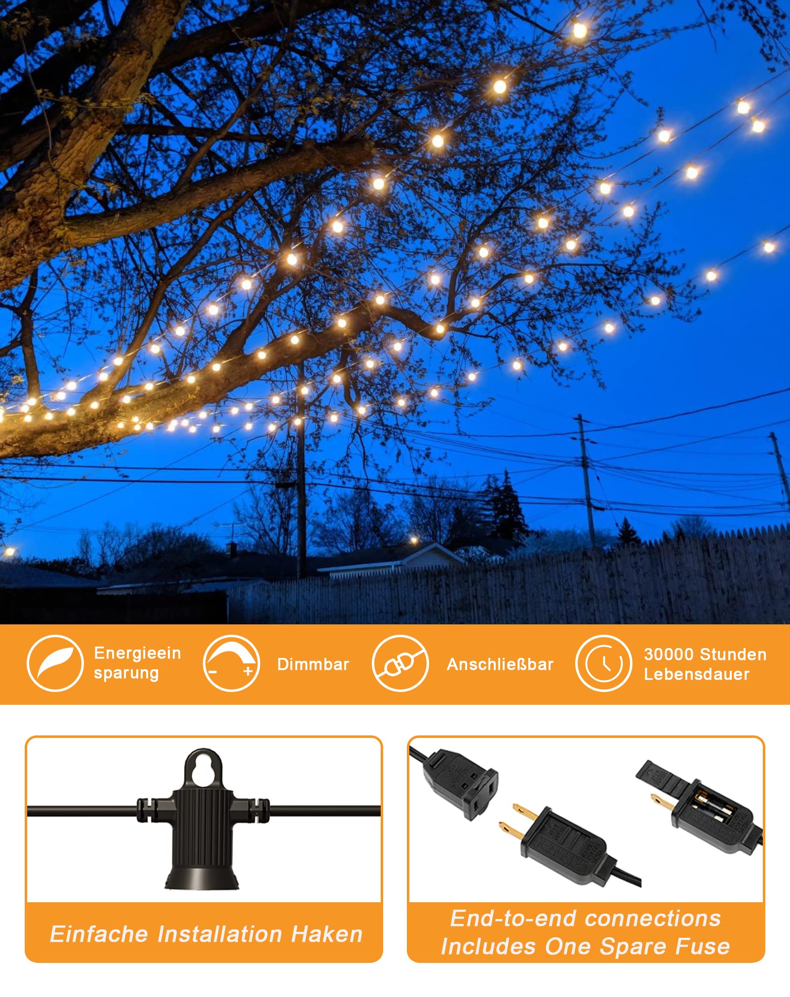 Zuske Outdoor String Lights, 300FT Waterproof LED with 146 G40 Globe Bulbs, Dimmable, Black, Model ESKG40-300FT-146US