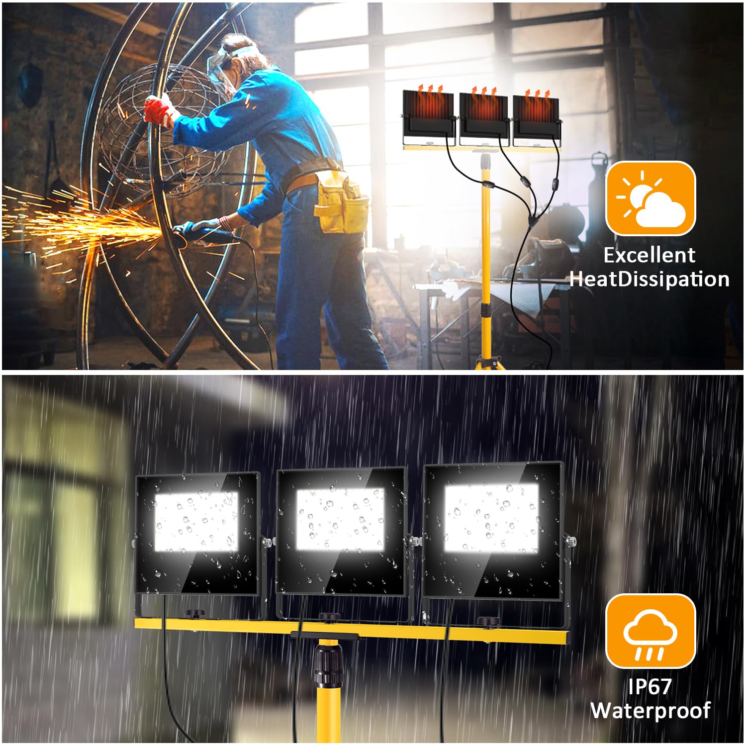 36000Lumen Led Work Lights With Stand - 3 Head Foldable Stand Work Light With 16Ft Cord - Ip67 Waterproof Tripod Lights For Outd
