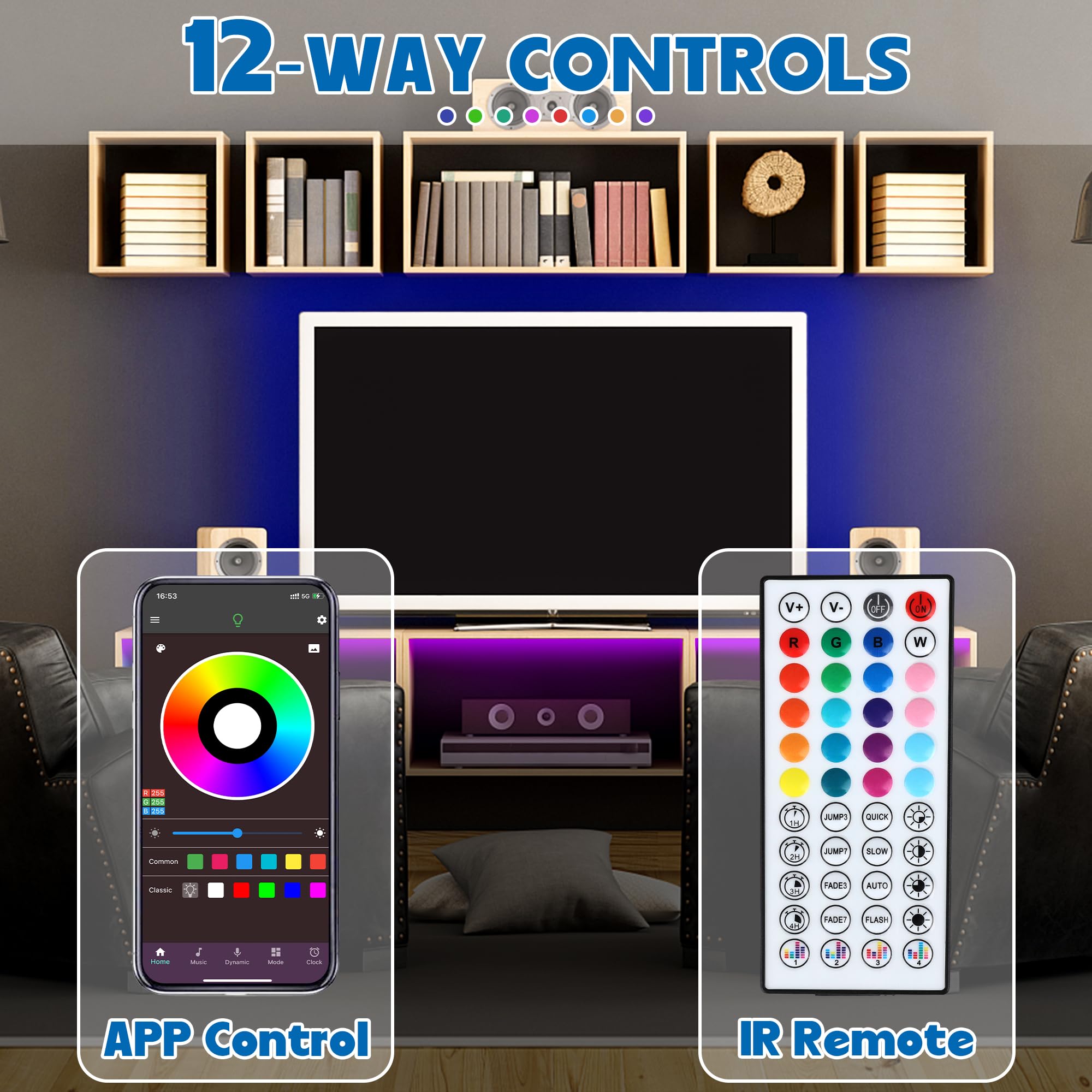 Qzyl Led Lights For Bedroom, 50Ft Rgb Led Strip Lights With 44 Keys Ir Remote, Smart Led Light Strip With Adhesive Backing Adjustable Brightness App Control For Bedroom Party Decoration